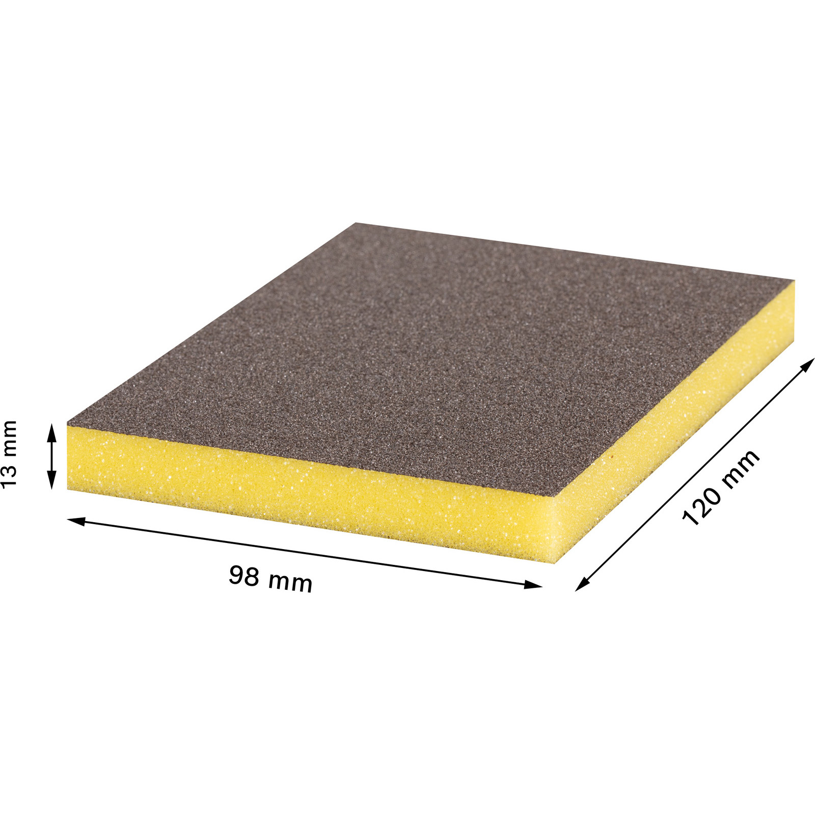 Ein rechteckiger Schleifschwamm. Oben braune Schleiffläche, gelbe Schwammbasis. Abmessungen: 98 mm x 120 mm x 13 mm.
