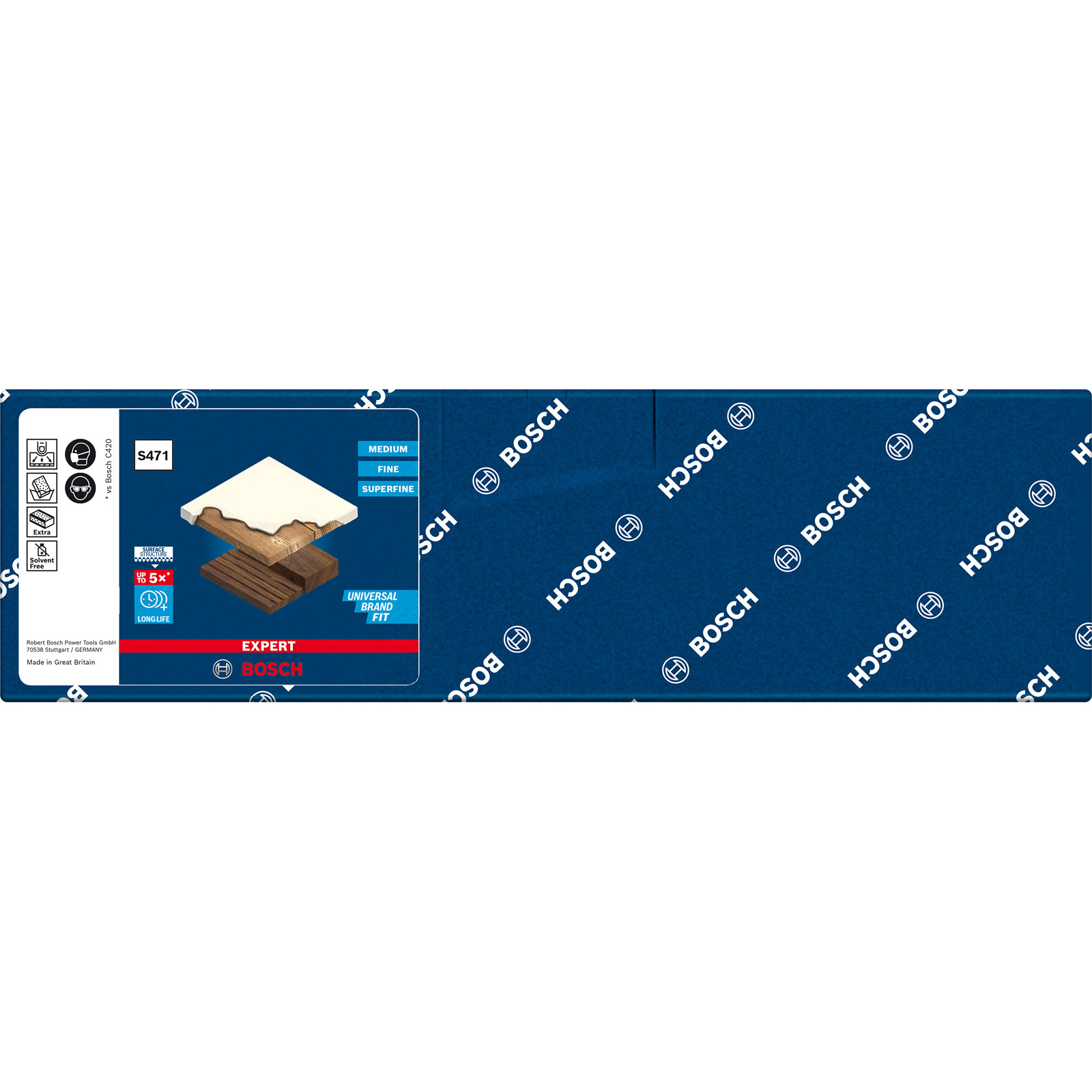 Bosch S471 Produktverpackung. Zeigt eine geschichtete Grafik aus Holz, mit Text, der die Qualitäten Medium, Fein und Superfein angibt.