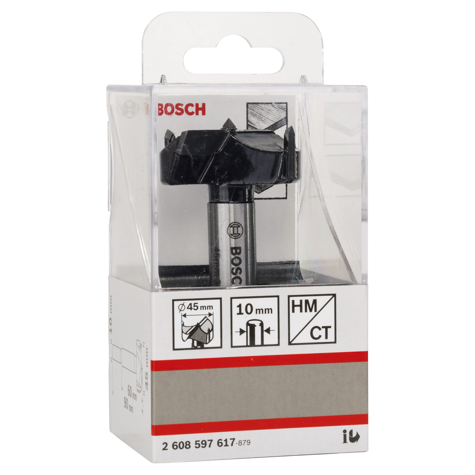 Schwarzer Bosch-Bohrer in klarer Verpackung, mit Größen- und Markenbezeichnungen. Weißer Hintergrund.