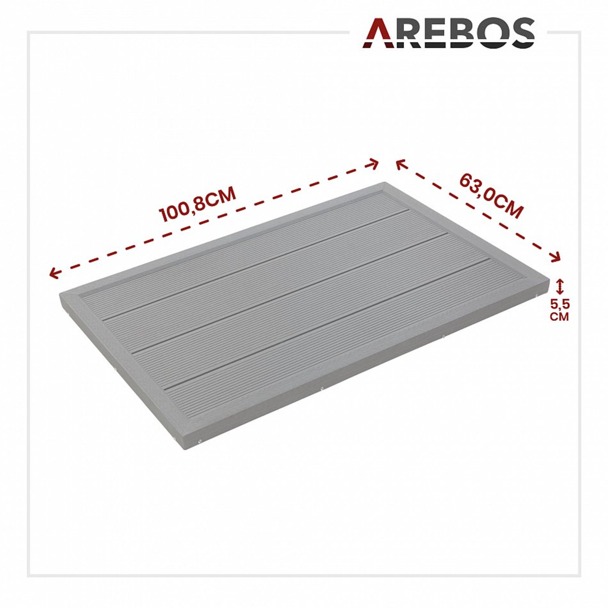 Graues rechteckiges Deck. Abmessungen: 100,8 cm x 63 cm x 5,5 cm. Die Marke AREBOS befindet sich oben rechts.