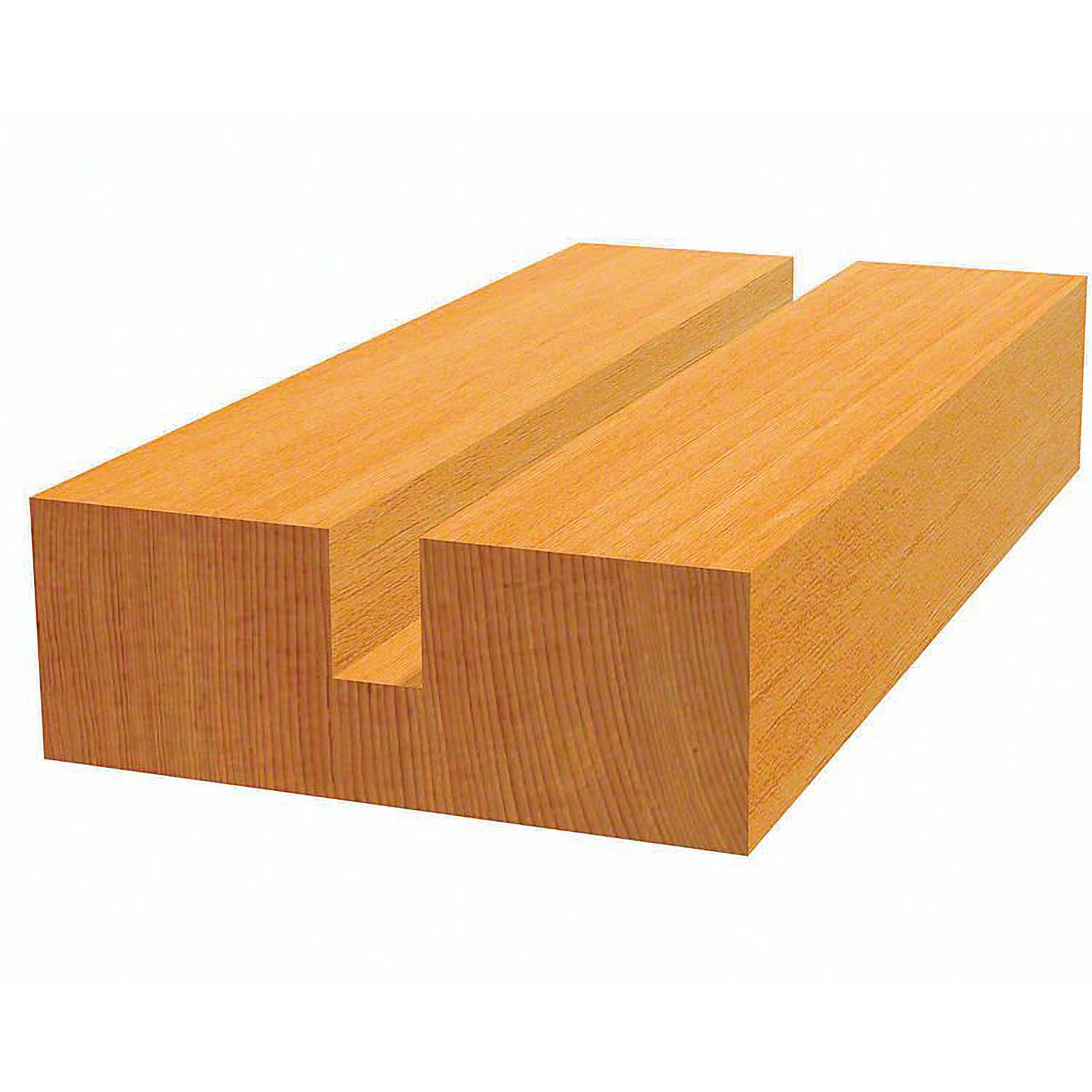 Holzblock mit einer Nut, auf weißem Hintergrund. Das Holz ist hellbraun.