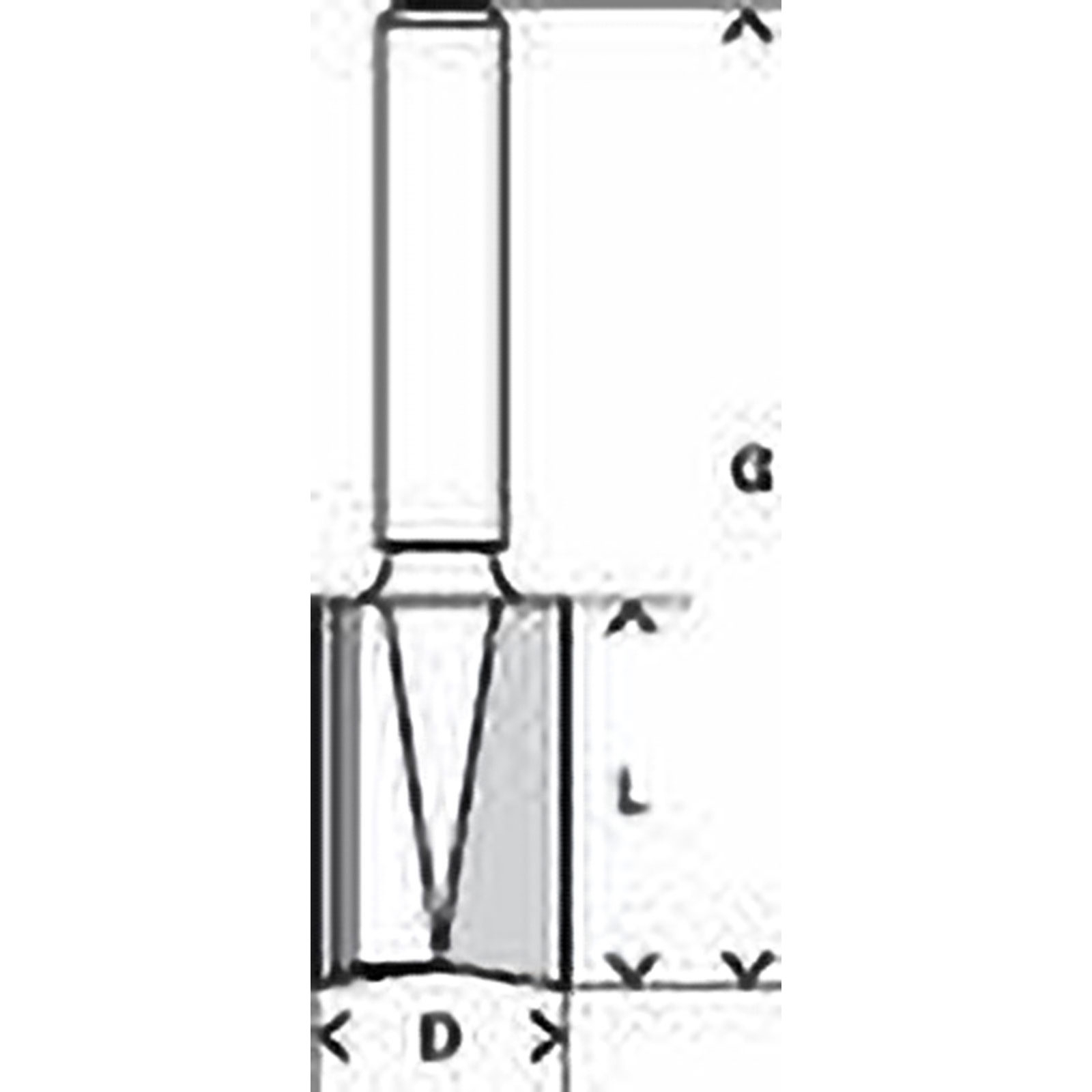 Diagramm eines Bohrer. Es zeigt die Abmessungen G, A, L und D. Der Bohrer hat eine V-förmige Schneidkante.