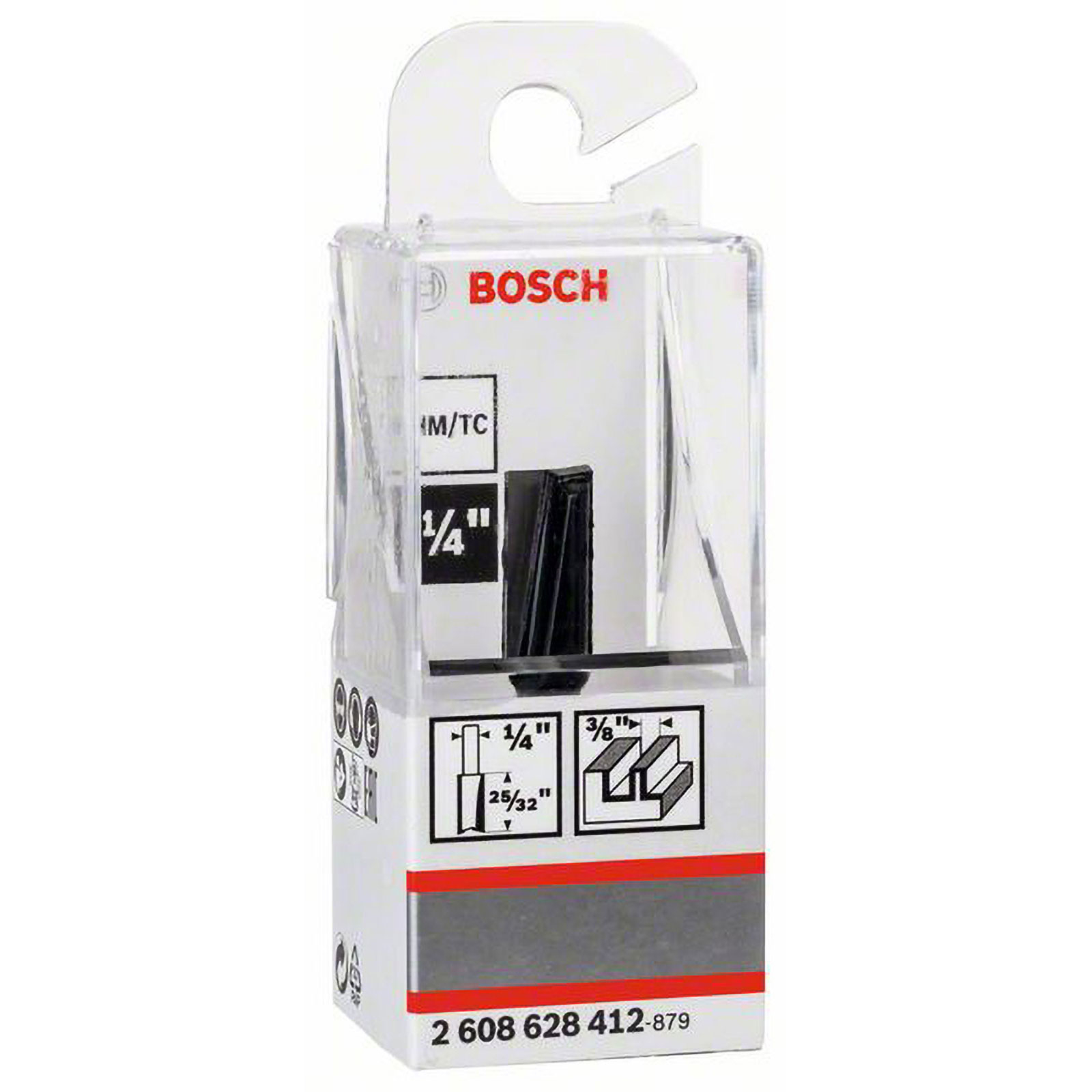 Bosch Fräser in klarer Kunststoffverpackung, schwarzer Bit sichtbar. Weiße Box mit Diagrammen und rotem Bosch-Logo.