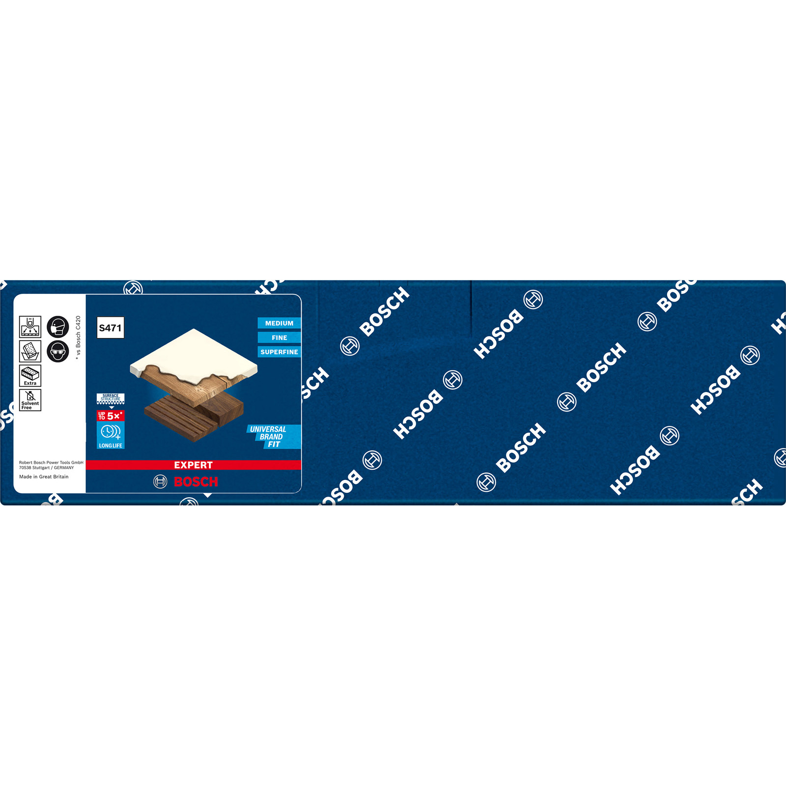 Bosch Produktbild. Es hat ein mehrschichtiges Design mit weißen, hölzernen und dunklen Schichten. Blauer Hintergrund mit Bosch Logos.