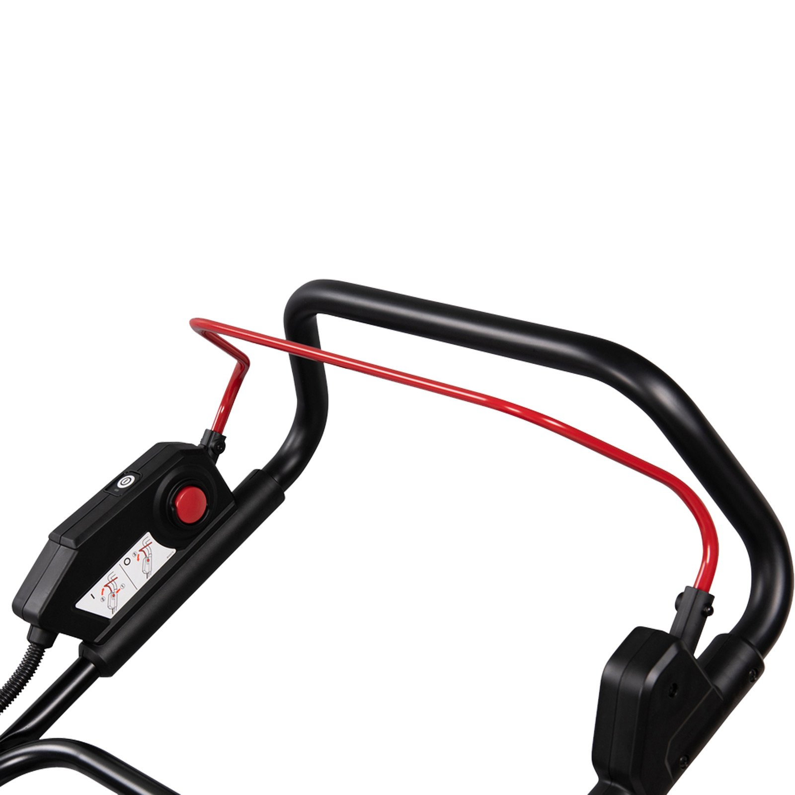 Nahaufnahme eines schwarzen Rasenmähergriffs mit roten Akzenten. Enthält ein Bedienfeld, einen roten Knopf und ein rotes Kabel.