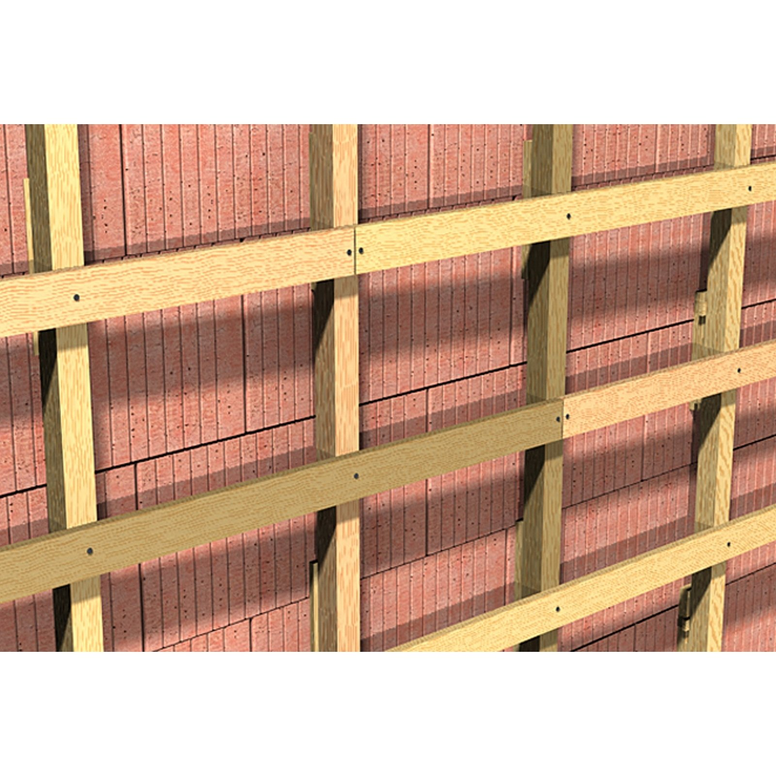 Holzrahmenkonstruktion über einer roten Ziegelmauer. Horizontale und vertikale Holzbalken, die an der Wand befestigt sind.