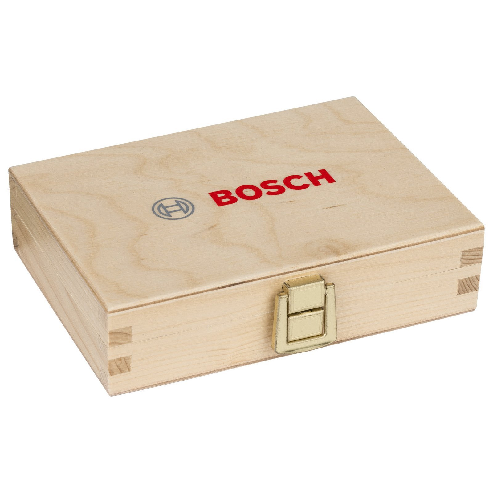 Caja de herramientas Bosch de madera. Tiene el logo rojo de Bosch y un pestillo metálico en una caja de madera clara.