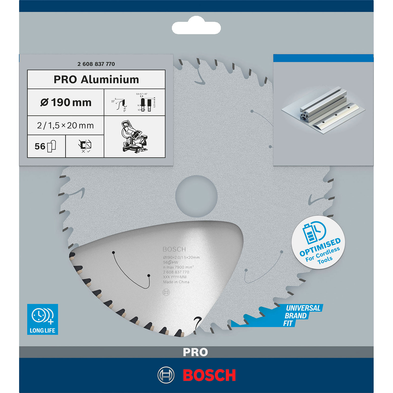 Ein Bosch PRO Aluminium Sägeblatt auf grauem Hintergrund. Enthält Produktdetails und ist für Akkuwerkzeuge optimiert.