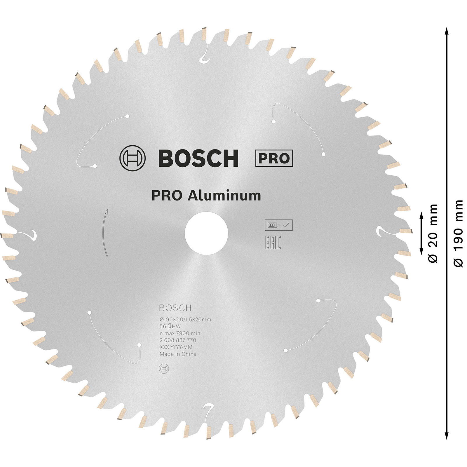 Silbernes Bosch Pro Kreissägeblatt für Aluminium, mit Zähnen am Rand. Abmessungen sind angegeben.