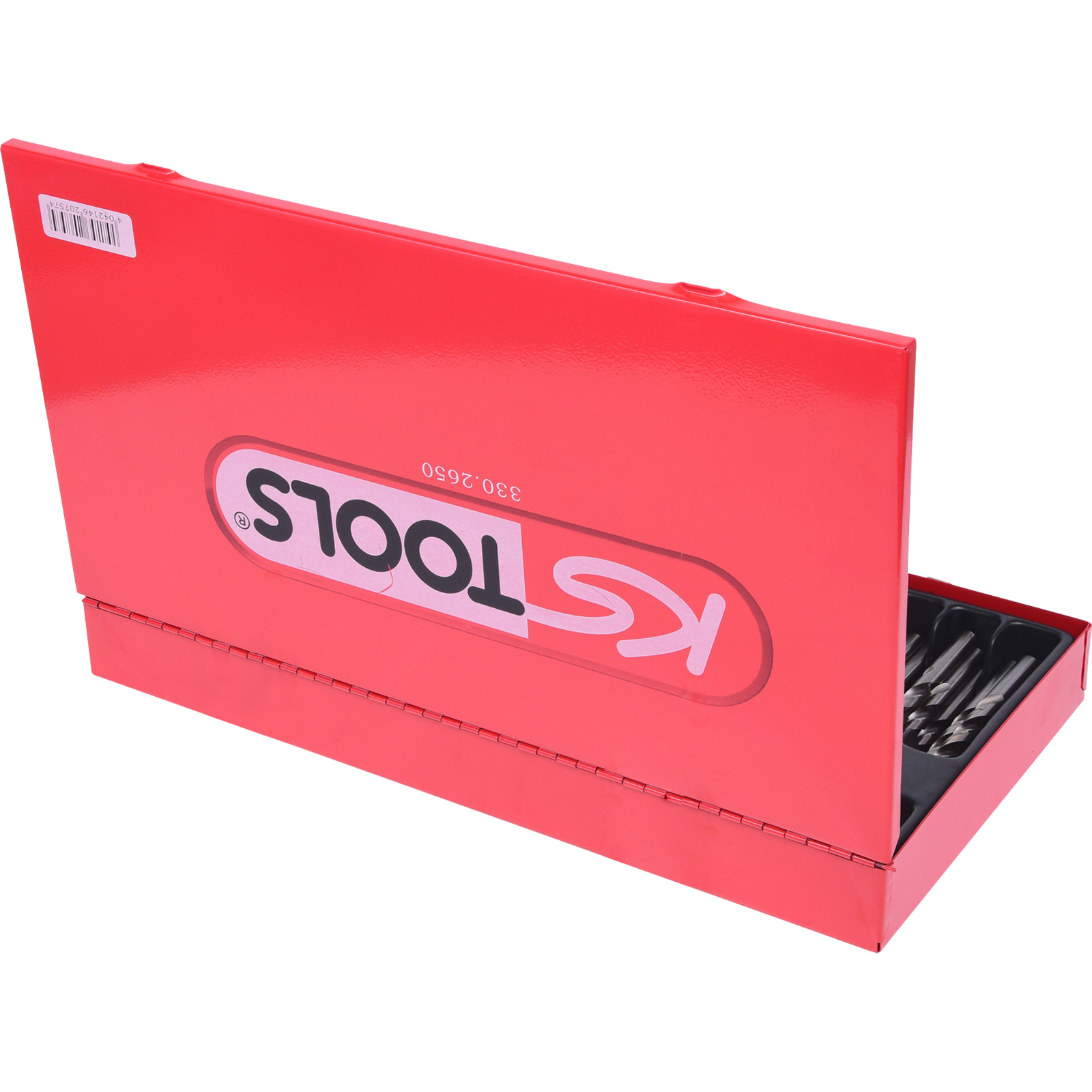 Czerwone pudełko narzędziowe KS TOOLS, otwarte, pokazujące narzędzia w środku. Pudełko ma białe logo KS TOOLS i numer 330.2650.