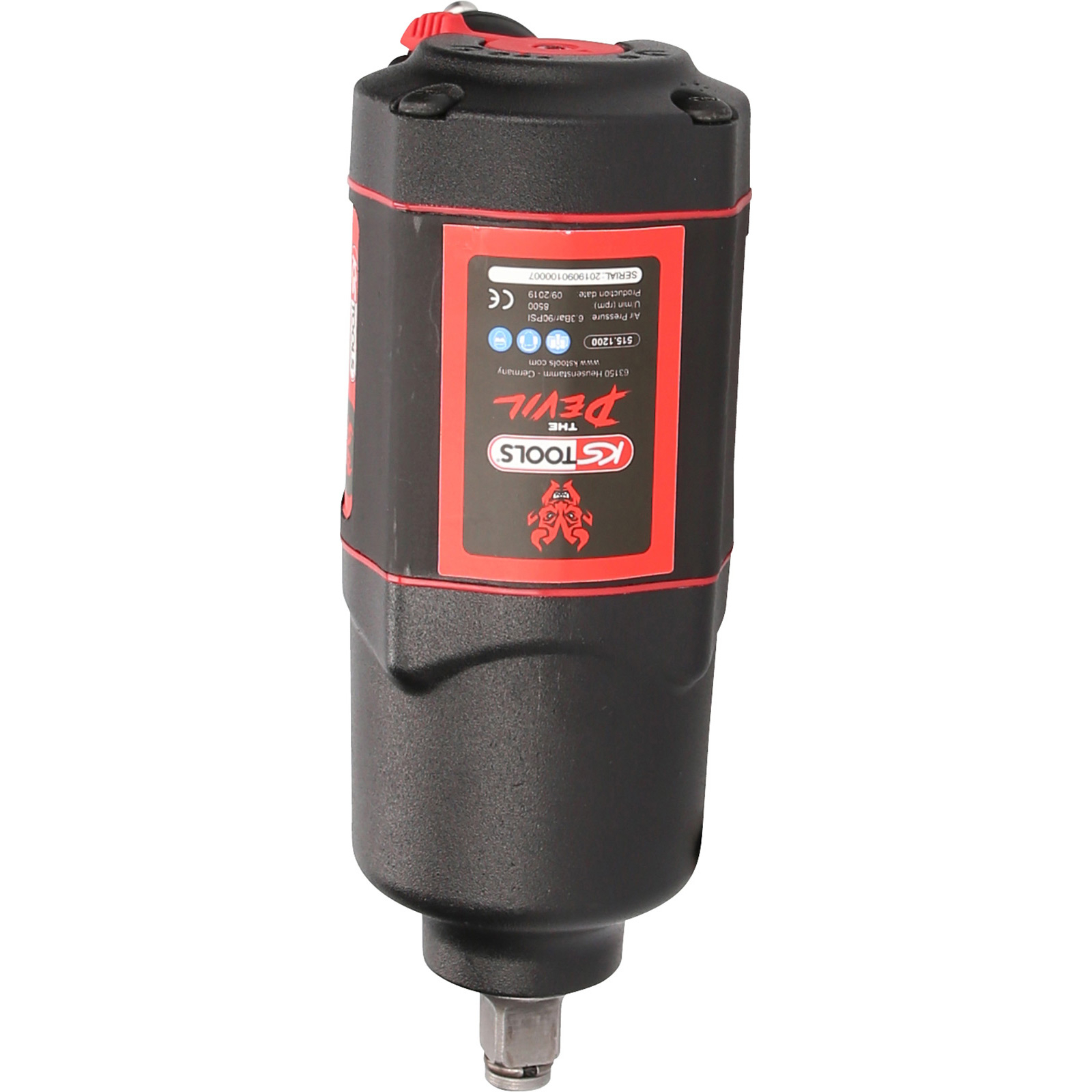 Chiave a impulsi Devil KS TOOLS nera e rossa. Ha un interruttore rosso e un'etichetta con specifiche.
