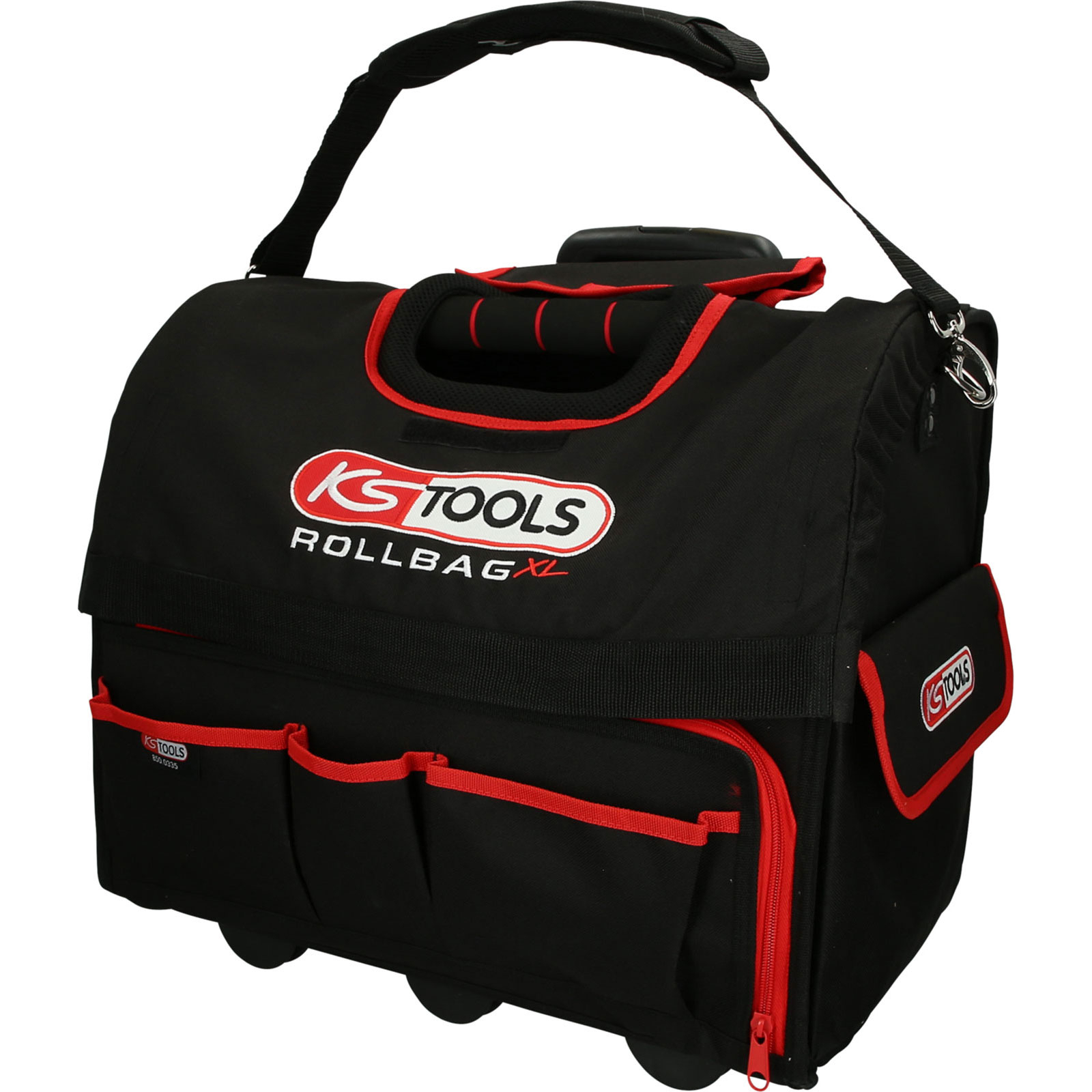 Borsa attrezzi nera con dettagli rossi, ruote e manico. Logo 'KS TOOLS ROLLBAG XL'.