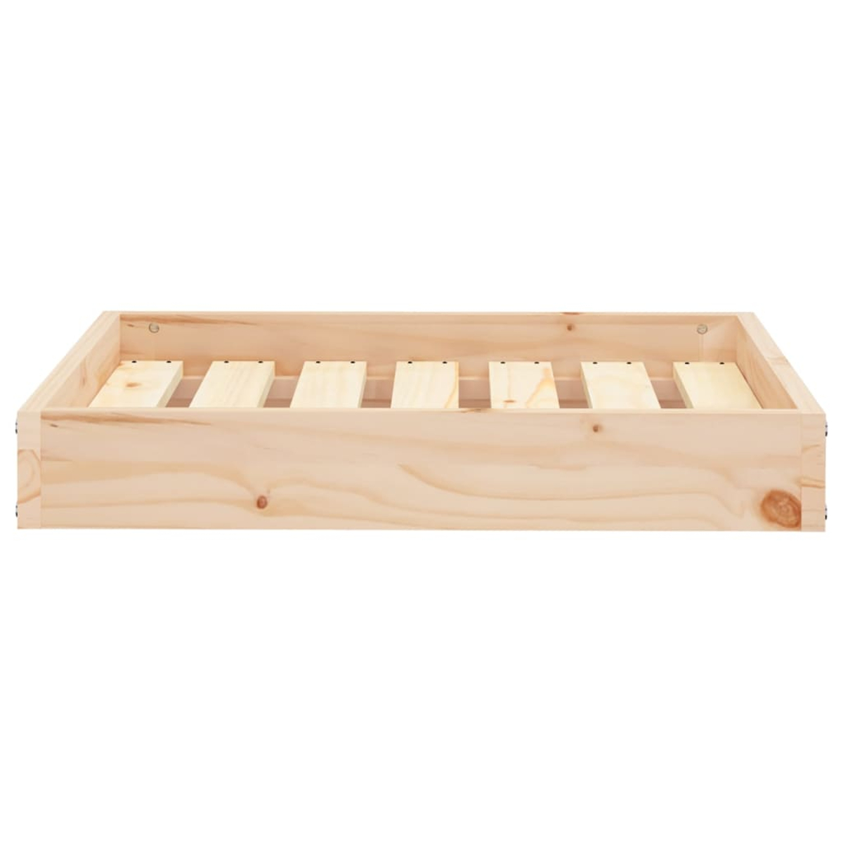 Ein rechteckiger Bettrahmen aus Holz mit hellen Holzlatten. Der Rahmen ist ebenfalls aus hellem Holz. Der Hintergrund ist weiß.