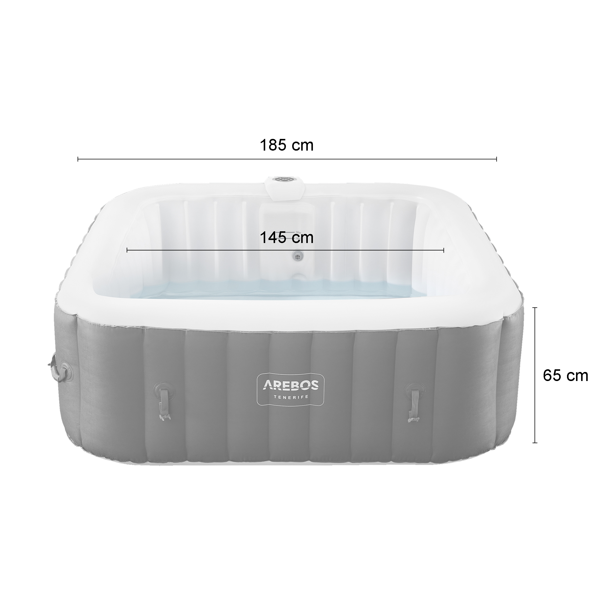 Ein quadratischer, aufblasbarer Whirlpool mit beschrifteten Abmessungen. Graue Seiten und weiße Innenseite. Markenname sichtbar.