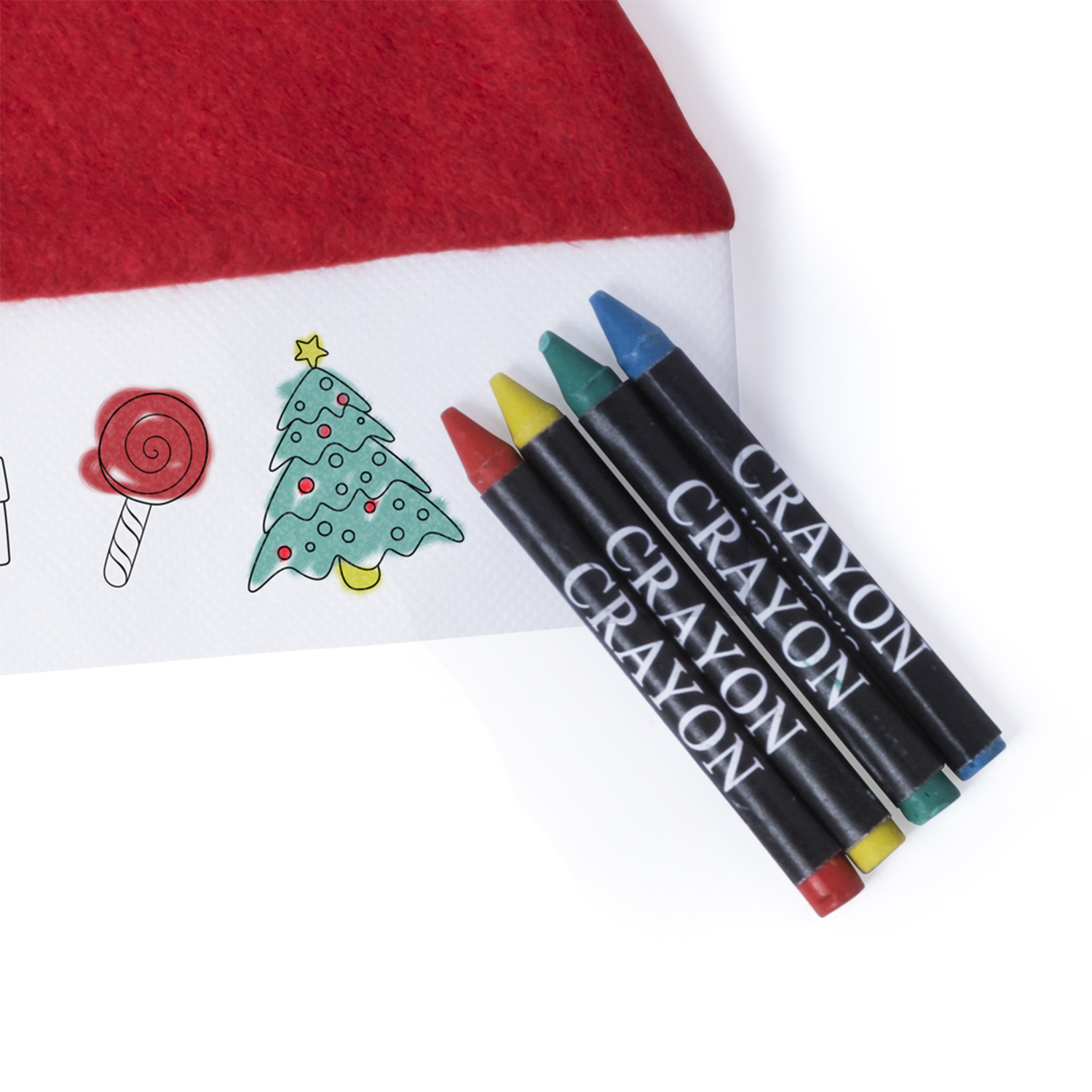 Un'immagine natalizia rossa e bianca con pastelli e un disegno di un lecca-lecca e un albero di Natale.