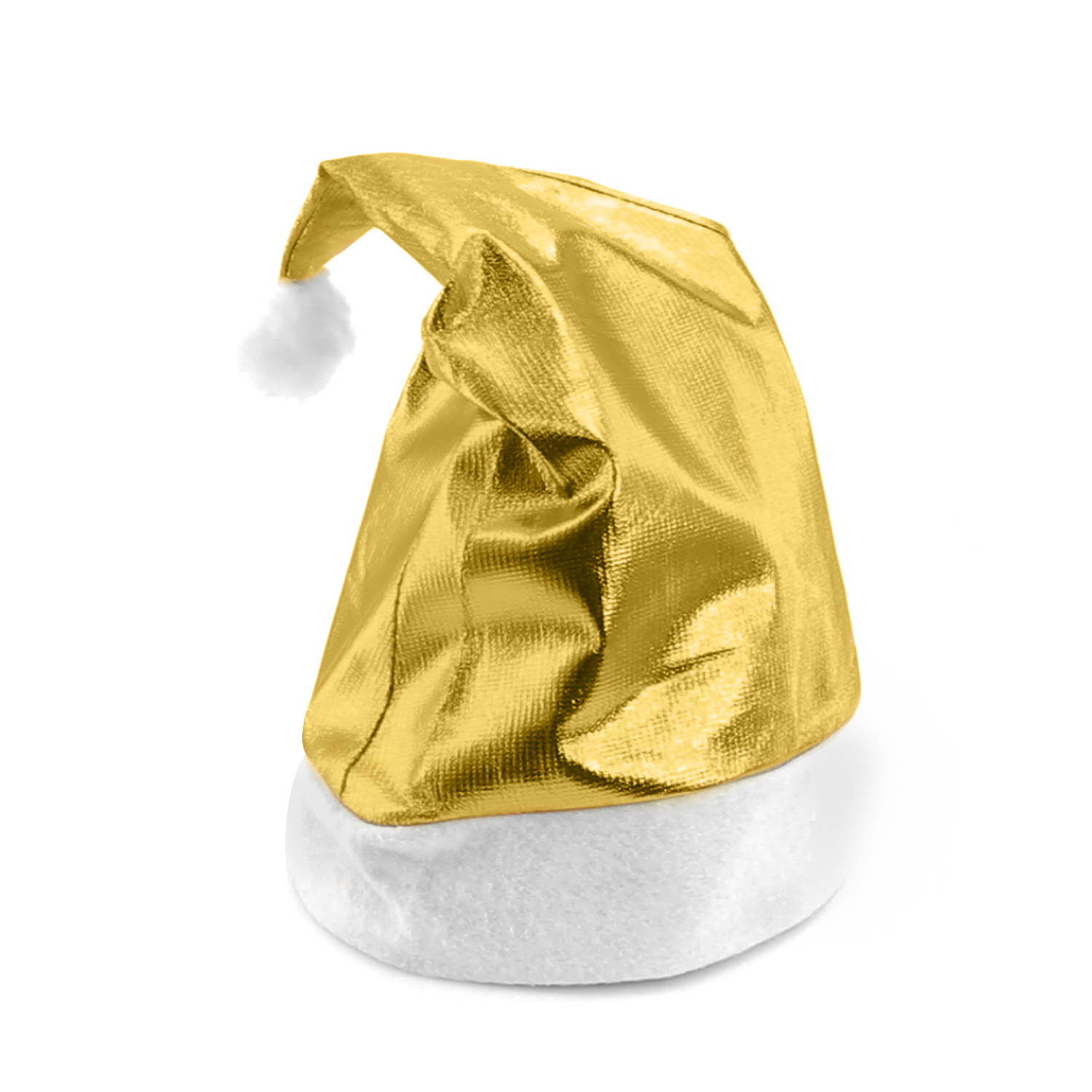 Un cappello di Babbo Natale dorato con base bianca e pompon bianco isolato su sfondo bianco.