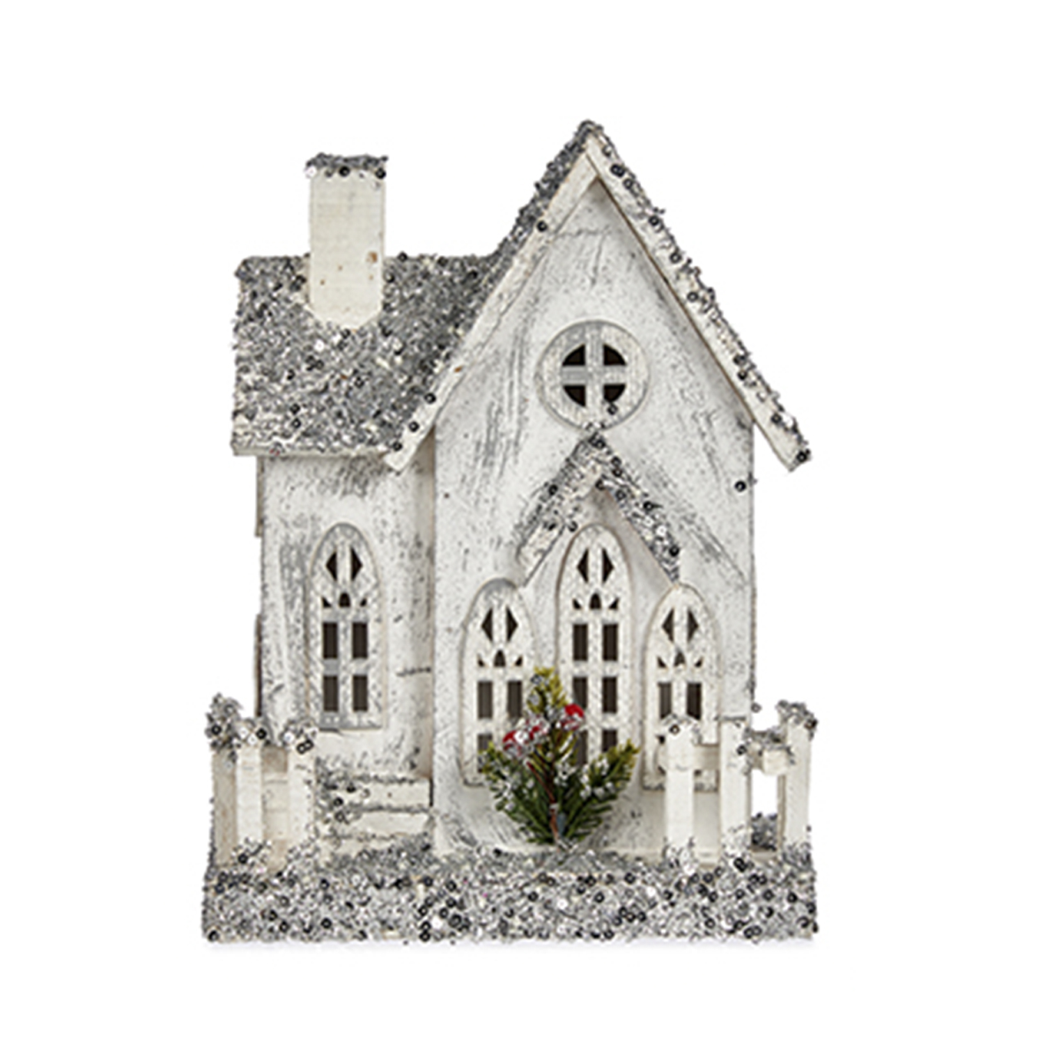 Weißes Holzhaus mit Glitzerdach, Schornstein und Zaun. Kleiner grüner Busch mit roten Beeren davor.