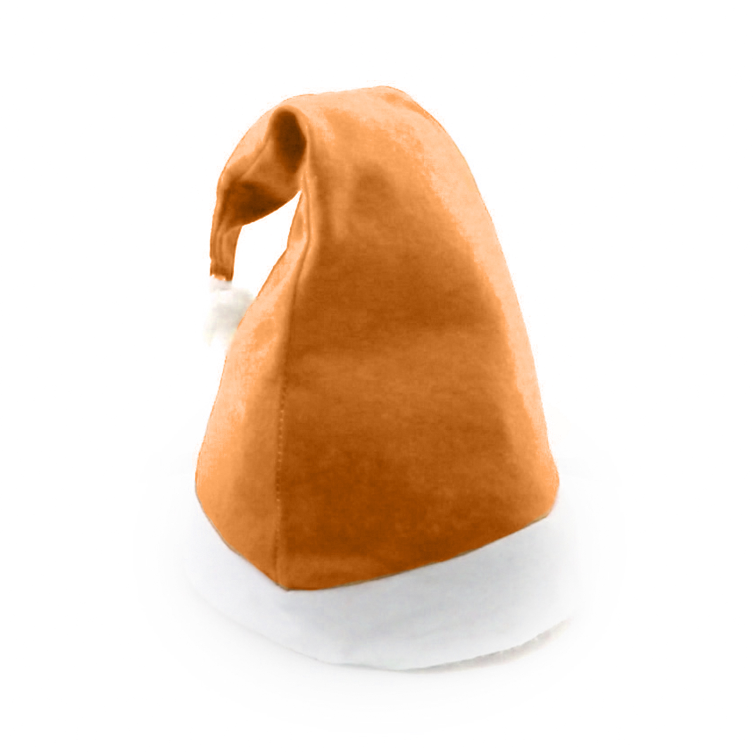 Un cappello da Babbo Natale arancione con finiture in pelliccia bianca. Il cappello è su sfondo bianco.