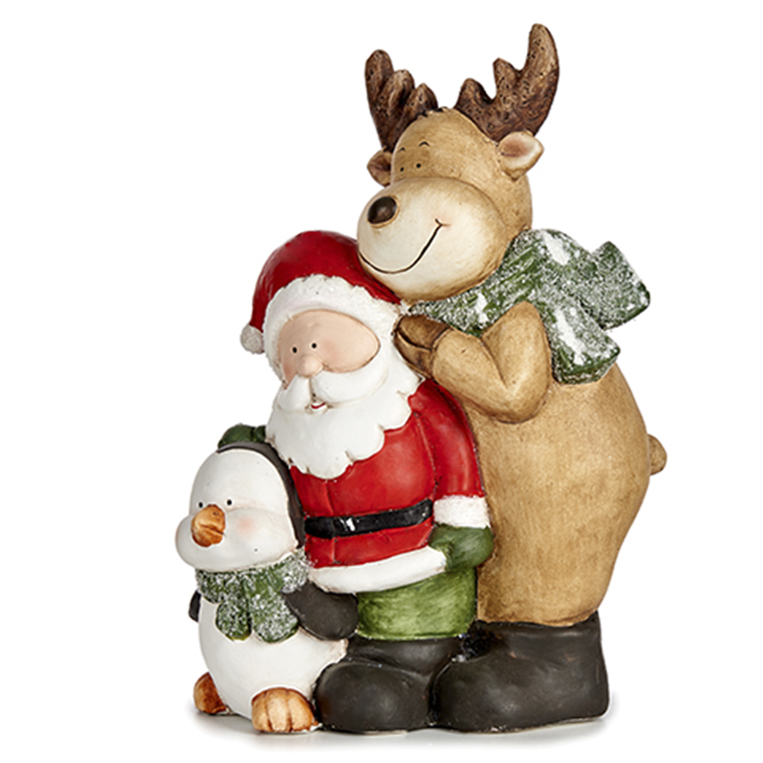 Una decorazione natalizia con Babbo Natale, una renna e un pinguino, tutti con sciarpe verdi, su sfondo bianco.