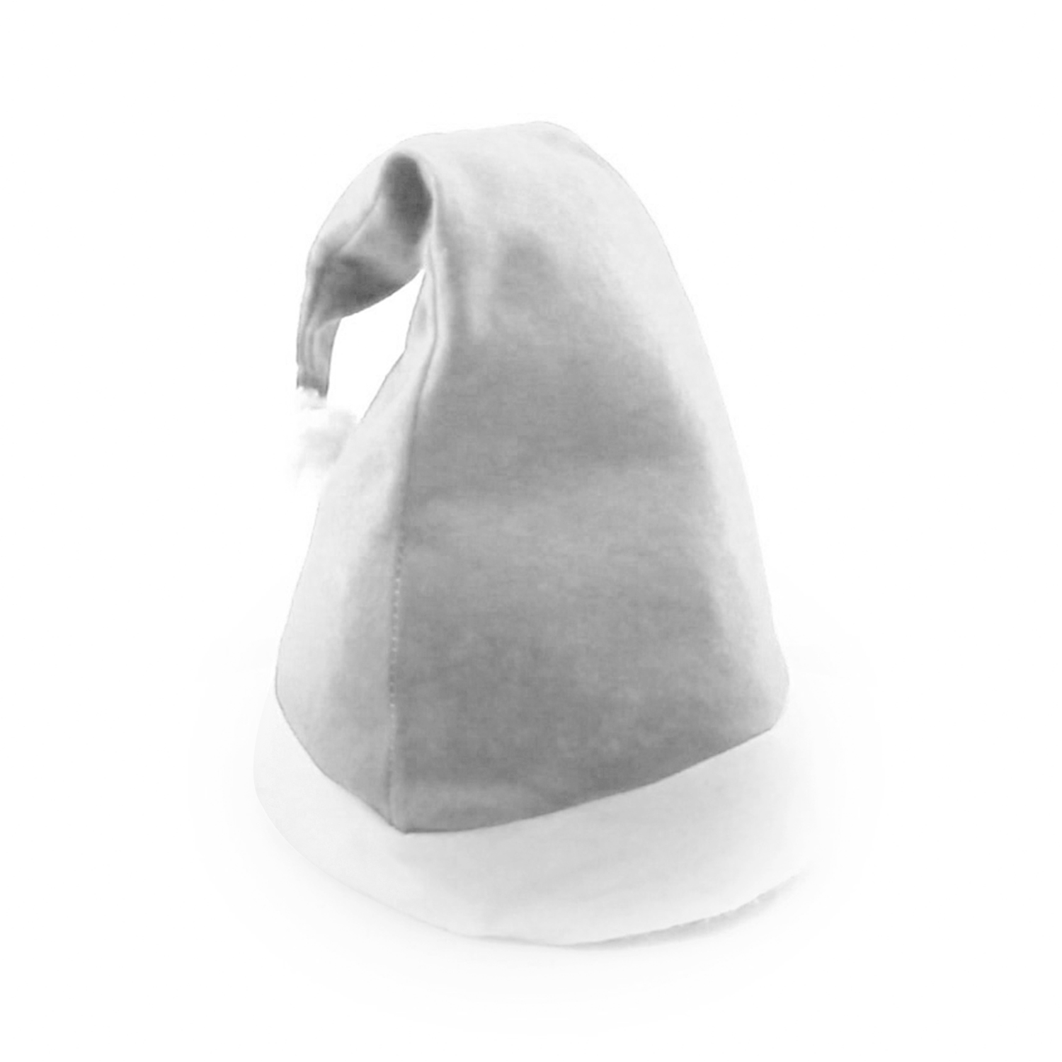 Un cappello da Babbo Natale grigio con pompon e rifiniture bianche, isolato su sfondo bianco.