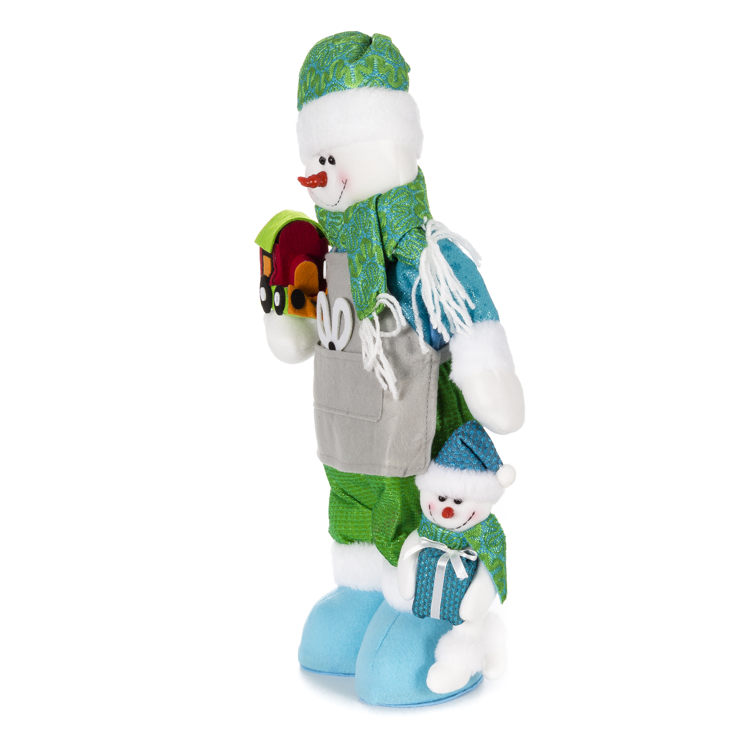 Eine Schneemannfigur hält einen Spielzeugzug, ein kleinerer Schneemann hält ein Geschenk. Beide tragen Hüte und Schals.