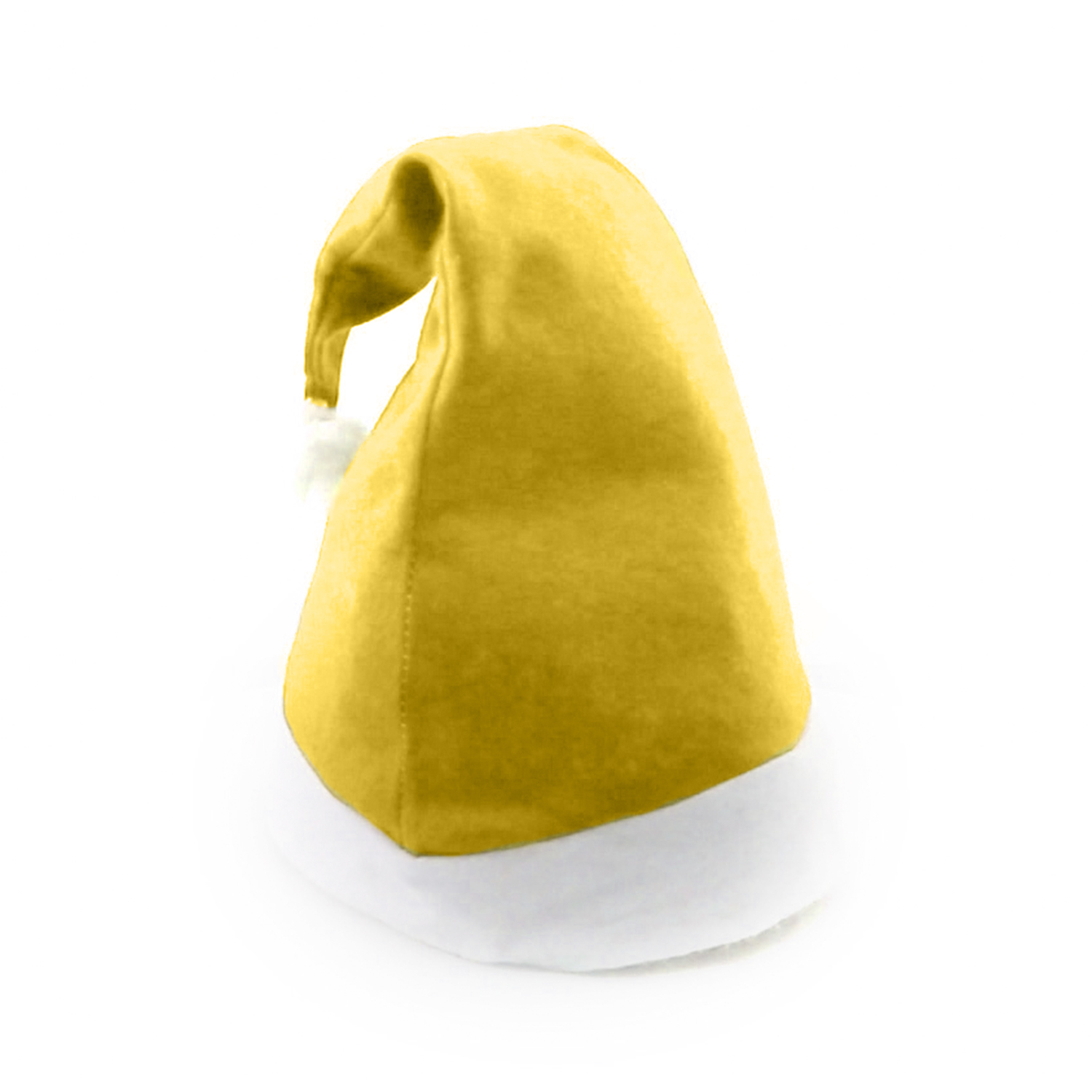 Un cappello da Babbo Natale giallo dorato con un bordo bianco e soffice, su uno sfondo bianco semplice.