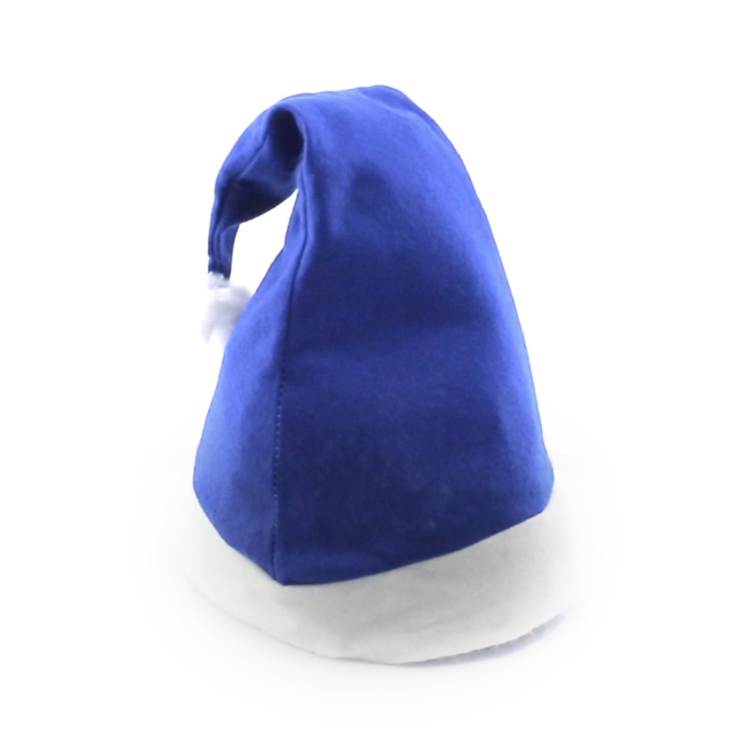 Blauer Weihnachtsmannhut mit weißem Besatz und weißem Bommel auf weißem Hintergrund.