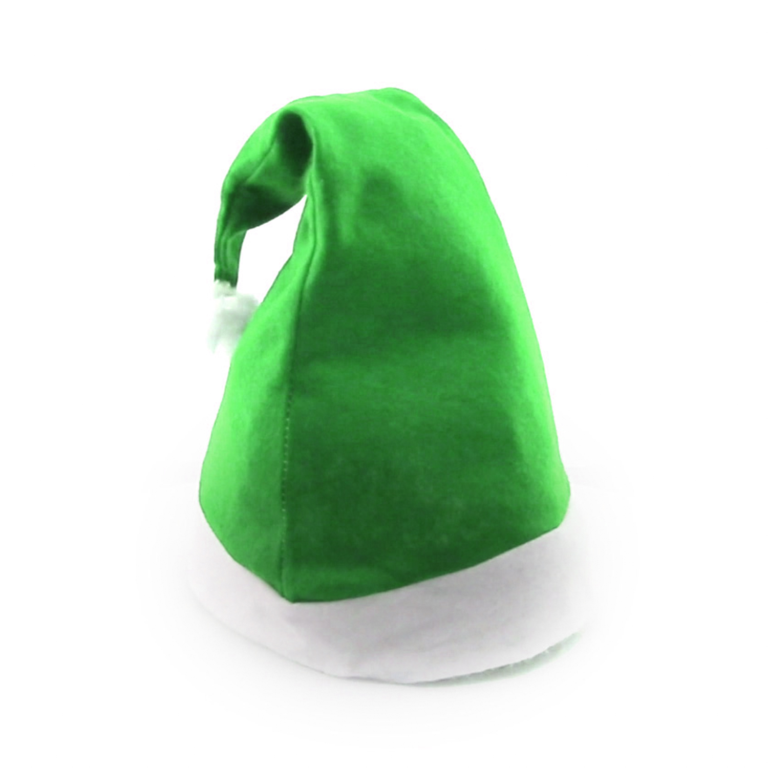 Un cappello natalizio verde con bordo bianco e pompon bianco su sfondo bianco.