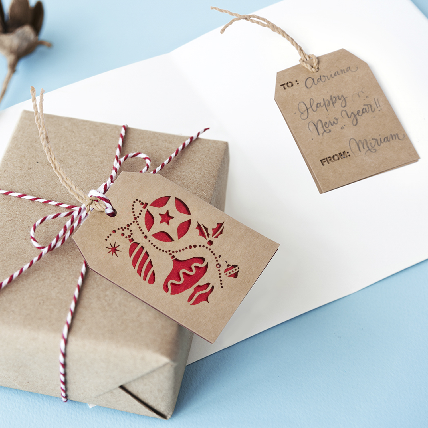 Geschenkbox mit Etikett 'Frohes Neues Jahr'. Braunes Papier, rot-weiße Schnur und blauer Hintergrund.