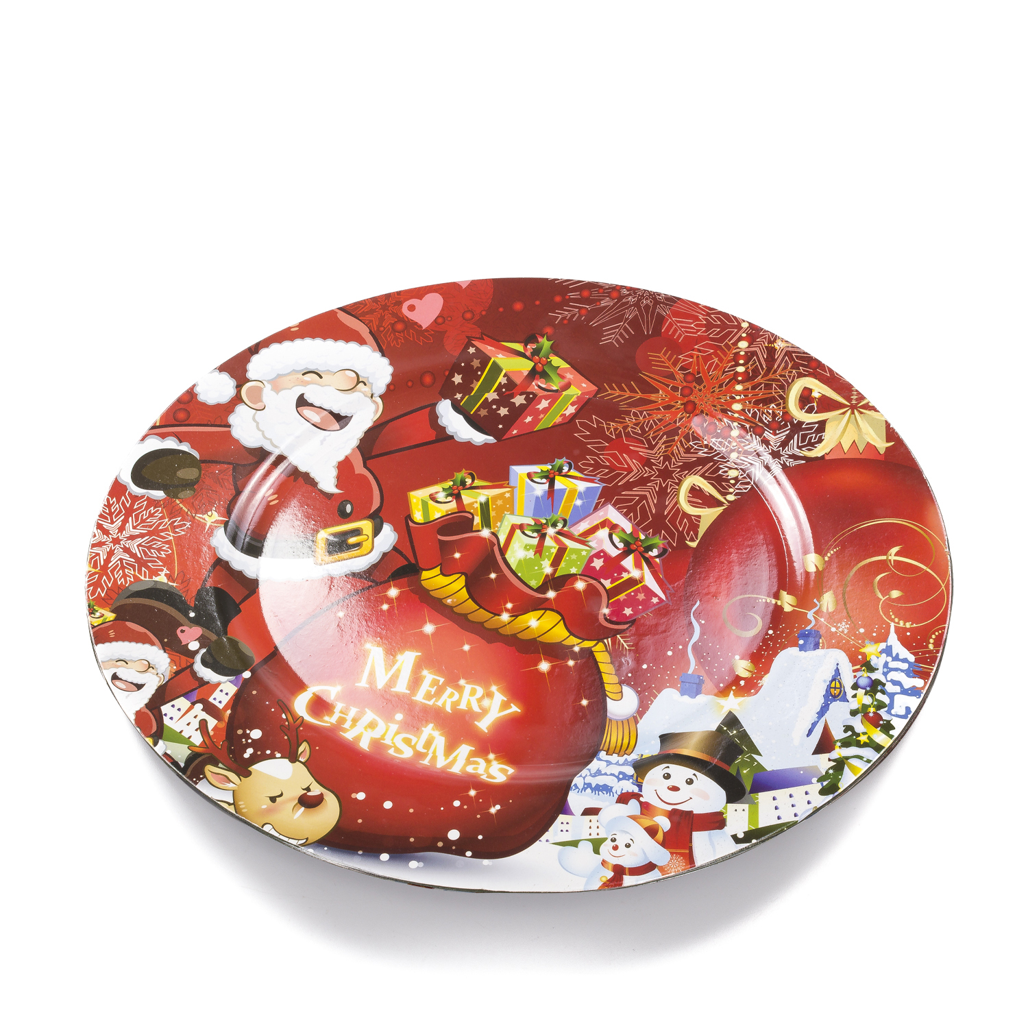 Piatto natalizio rosso con Babbo Natale, renne, pupazzi di neve, regali e la scritta "Merry Christmas".