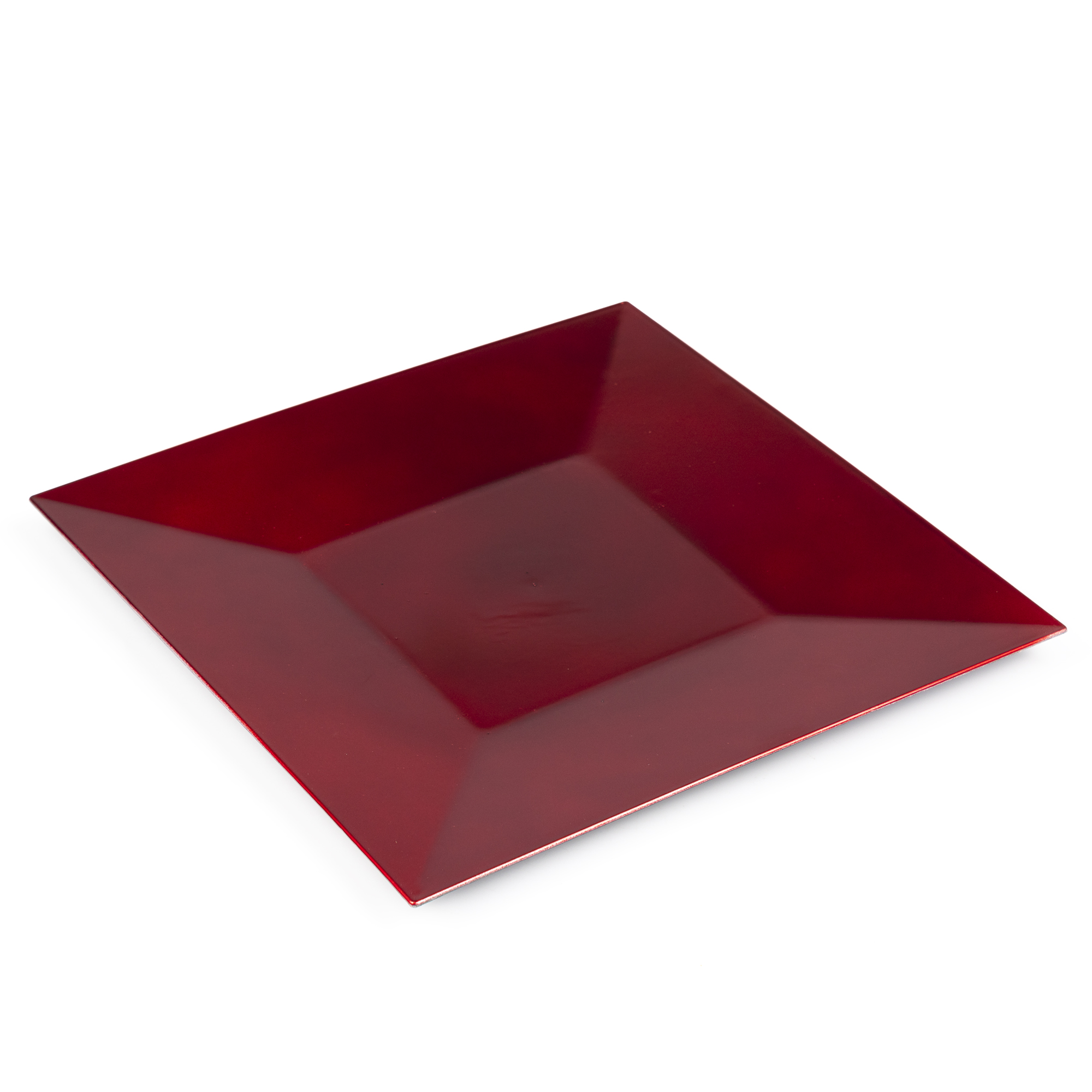 Ein quadratischer, roter Teller vor weißem Hintergrund. Der Teller hat eine glänzende Oberfläche und abgewinkelte Seiten.