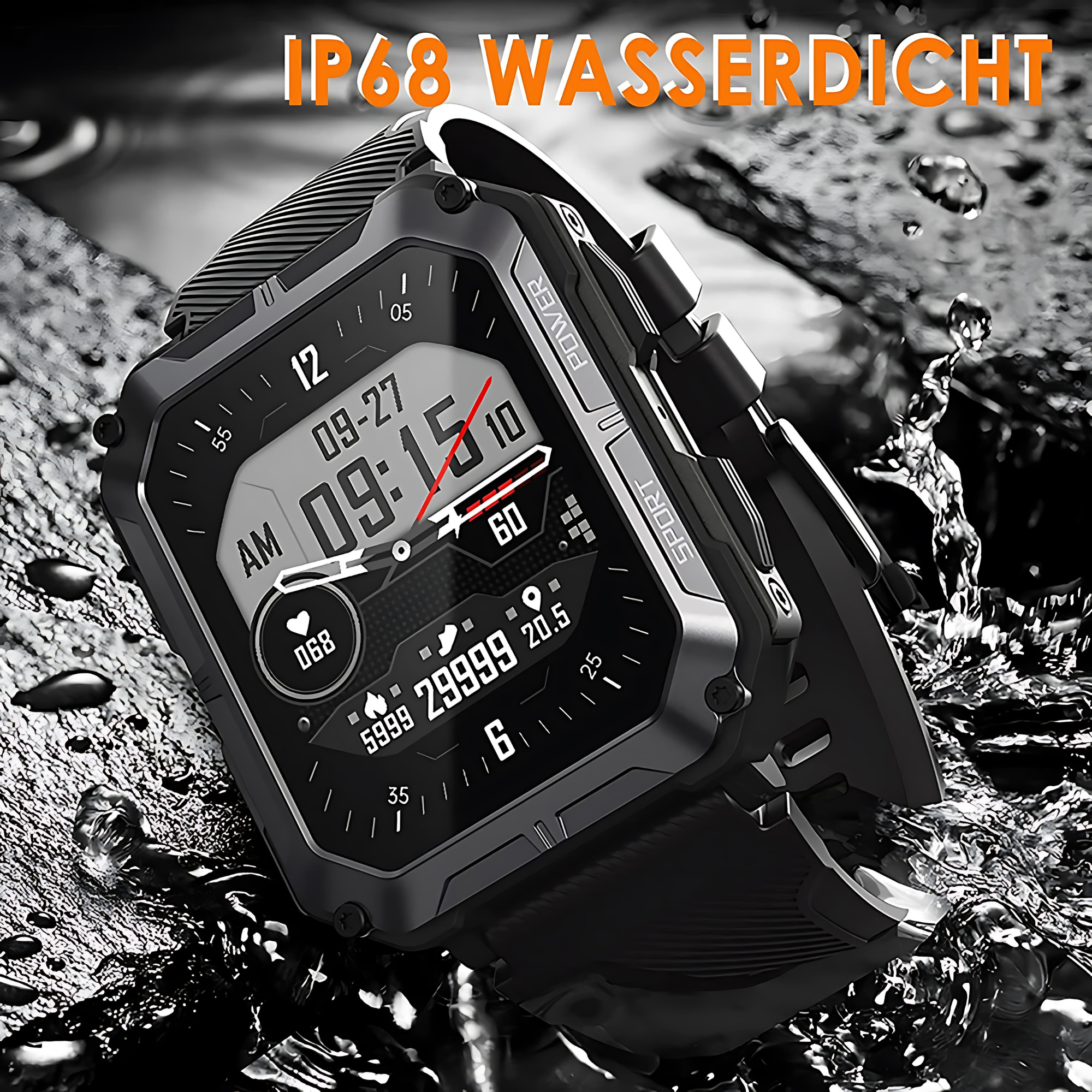Czarny smartwatch z cyfrowym wyświetlaczem w wodzie. Wyświetla datę, godzinę i statystyki. Tekst "IP68 Wasserdicht".