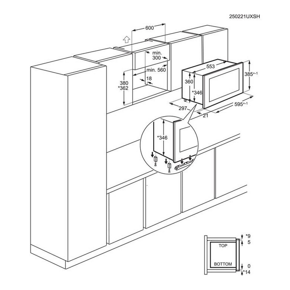 Diagramma di un forno a microonde da incasso con dimensioni. Mostra il forno, il mobile e le misure in millimetri.
