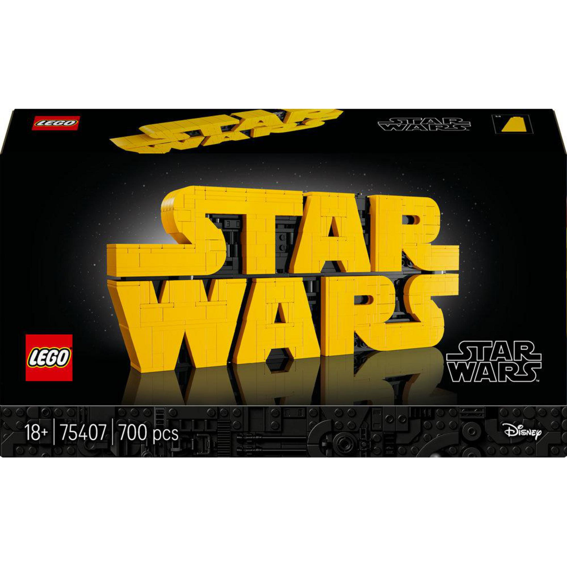 Una scatola LEGO Star Wars. Lettere gialle 'STAR WARS' su sfondo nero. Include loghi LEGO e Disney e dettagli sul set.