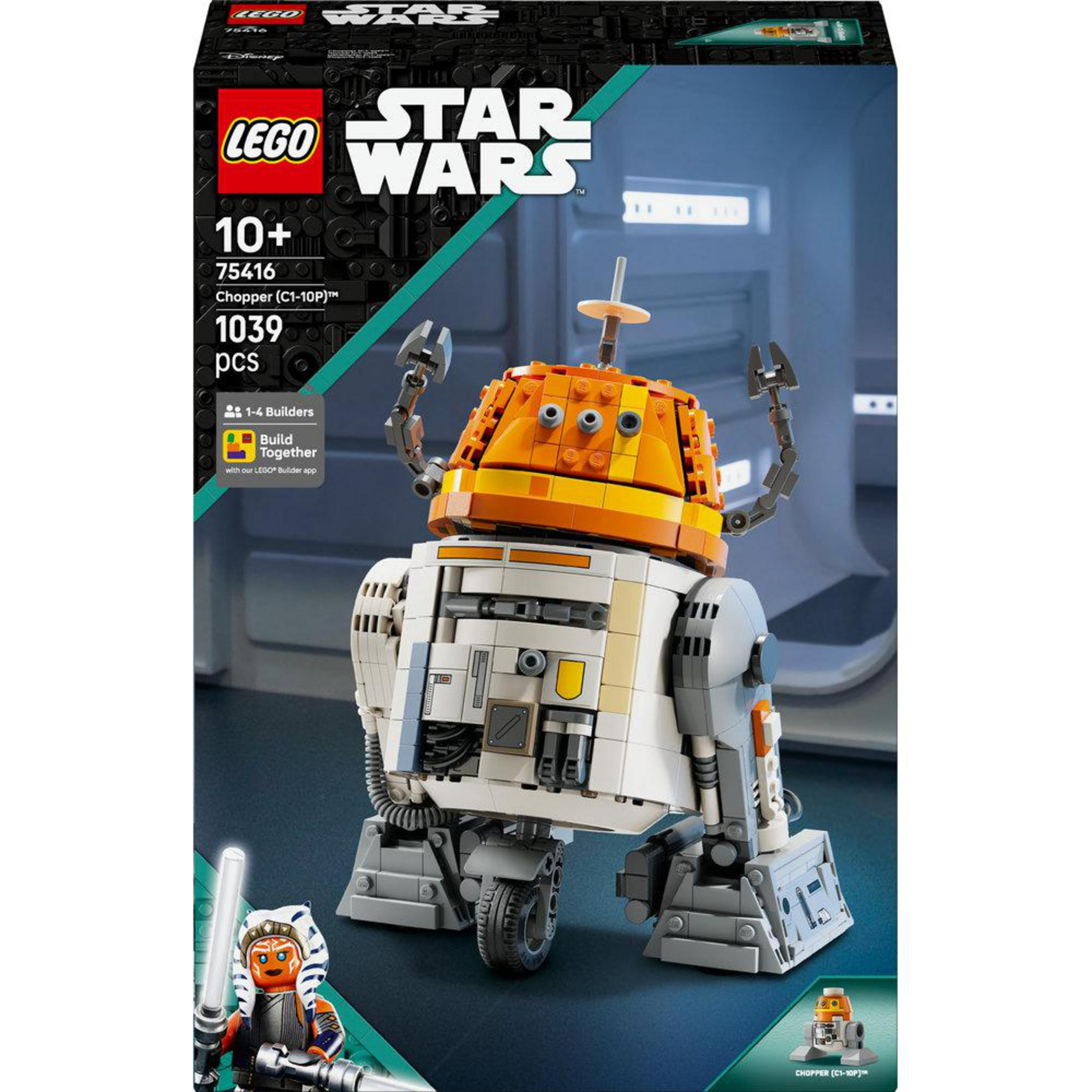 Zestaw LEGO Star Wars z modelem robota Chopper (C1-10P). Opakowanie przedstawia model, Ahsokę Tano i markę Star Wars.
