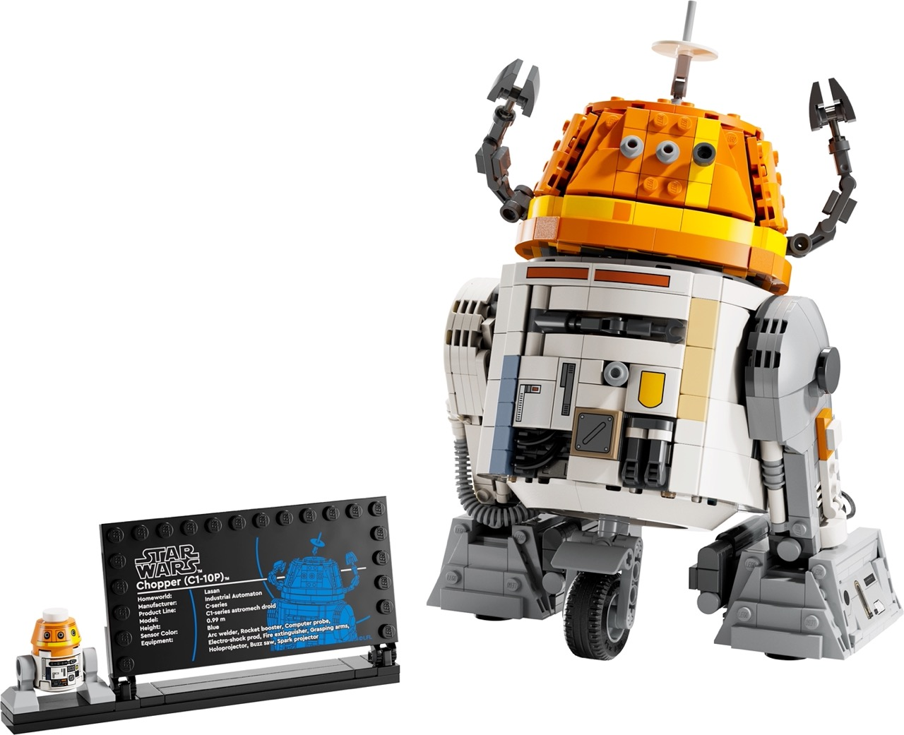 Un droide Lego Star Wars C1-10P Chopper. Es es blanco, naranja y gris. A la izquierda hay una pantalla con texto y un pequeño modelo Lego.