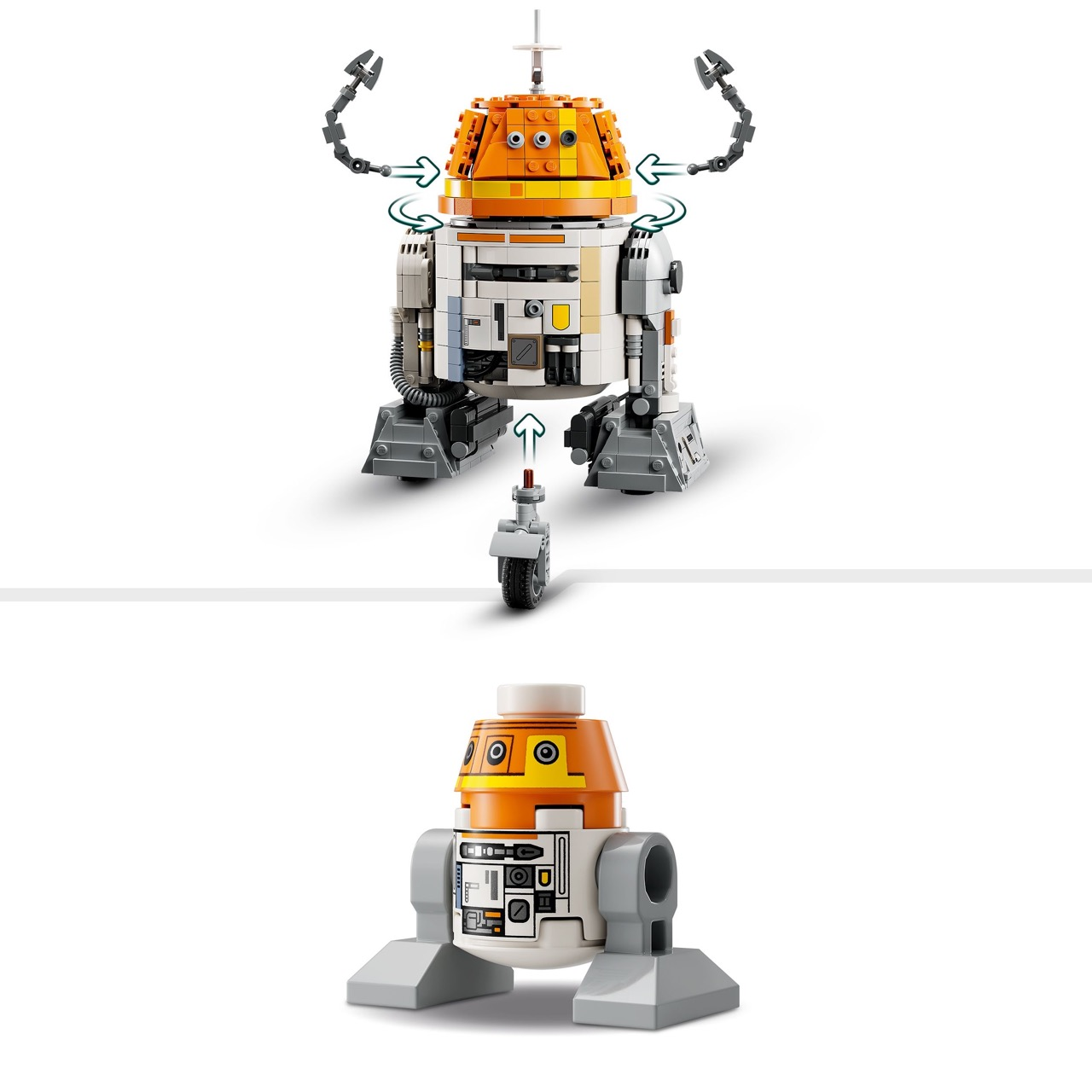 Modelo Lego de un droide, con cabeza naranja y cuerpo blanco, parcialmente desmontado. Flechas indican montaje.