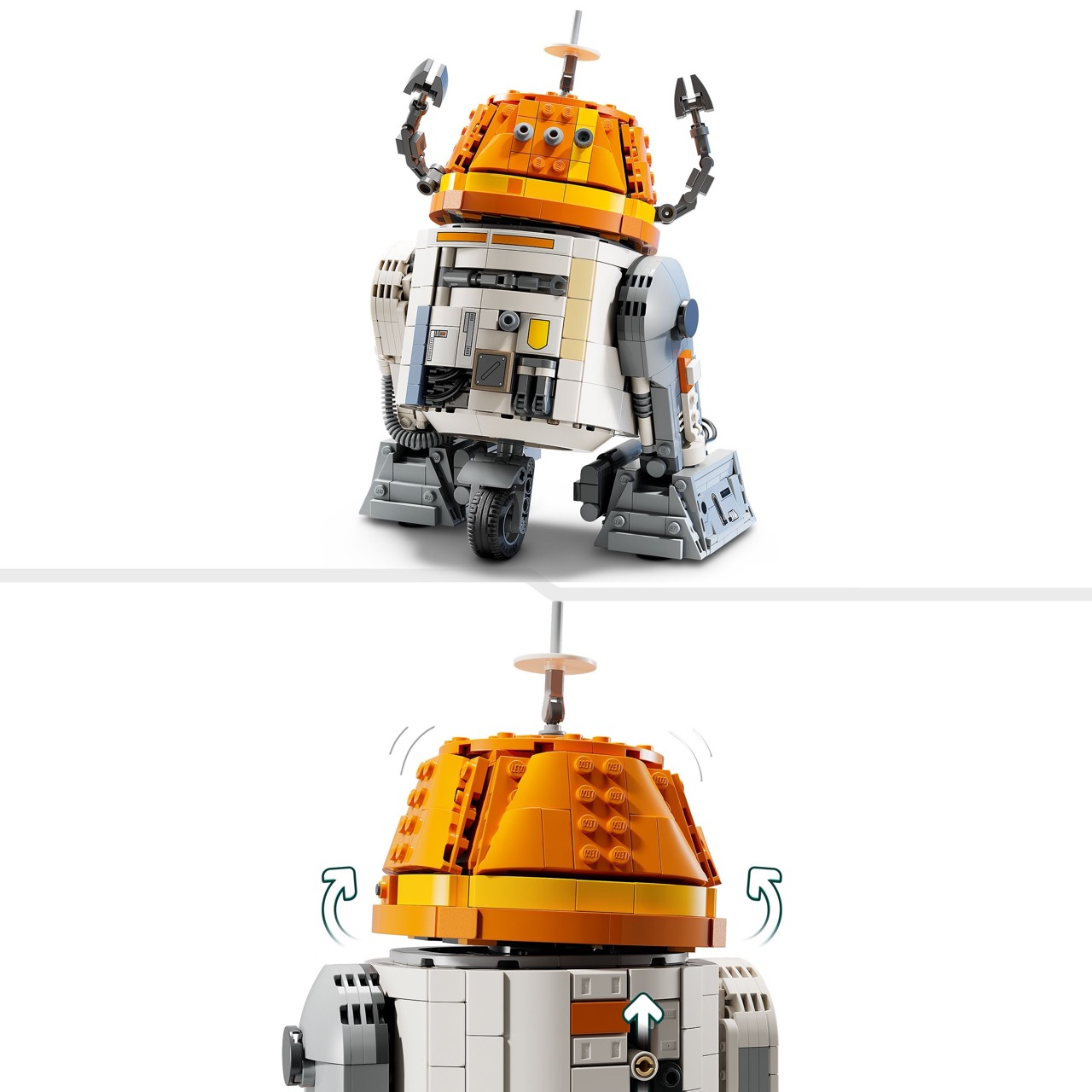 Un droide LEGO naranja y blanco, con brazos y cabeza articulados. Muestra detalles del mecanismo giratorio de la cabeza.