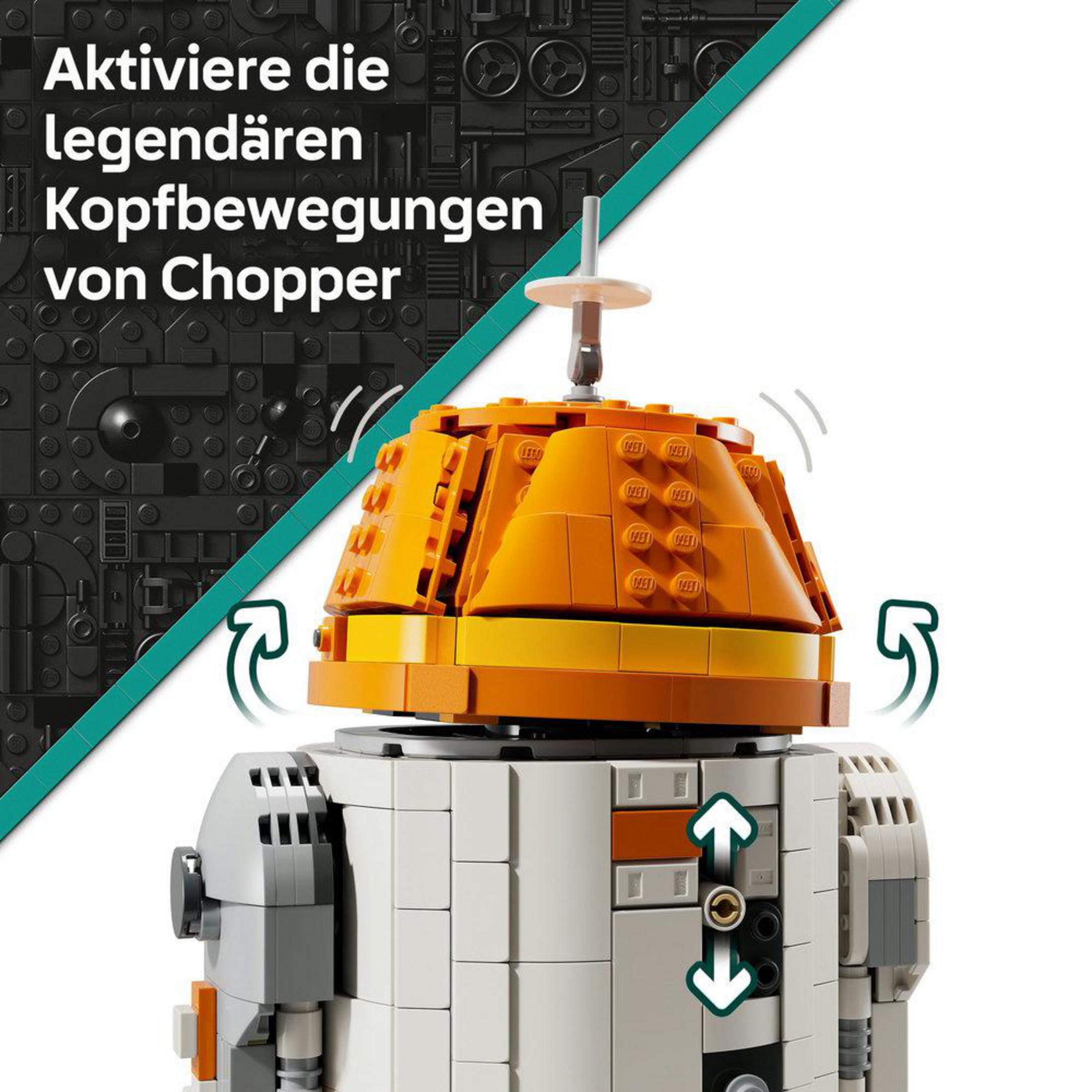 Modelo LEGO Chopper con cabeza animada. Combinación de colores naranja y blanco. Texto en alemán. Las flechas indican movimiento.