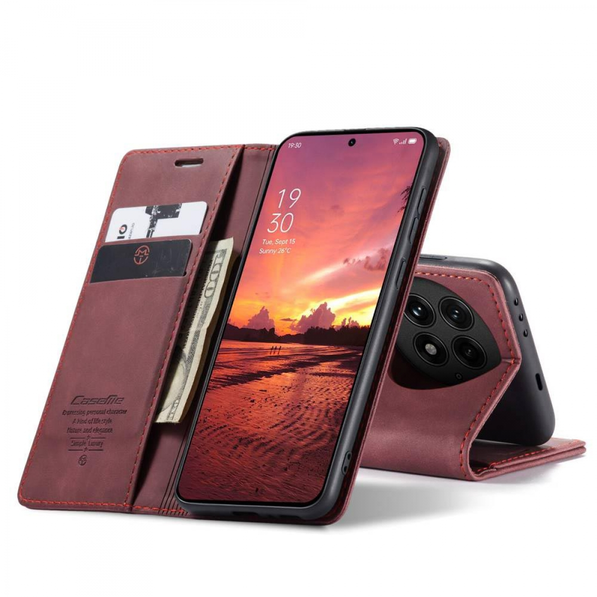 Ein Smartphone in einer weinroten Lederhülle ist geöffnet. Der Bildschirm zeigt einen Sonnenuntergang. Eine Geldbörse mit Karten und Bargeld befindet sich in der Hülle.