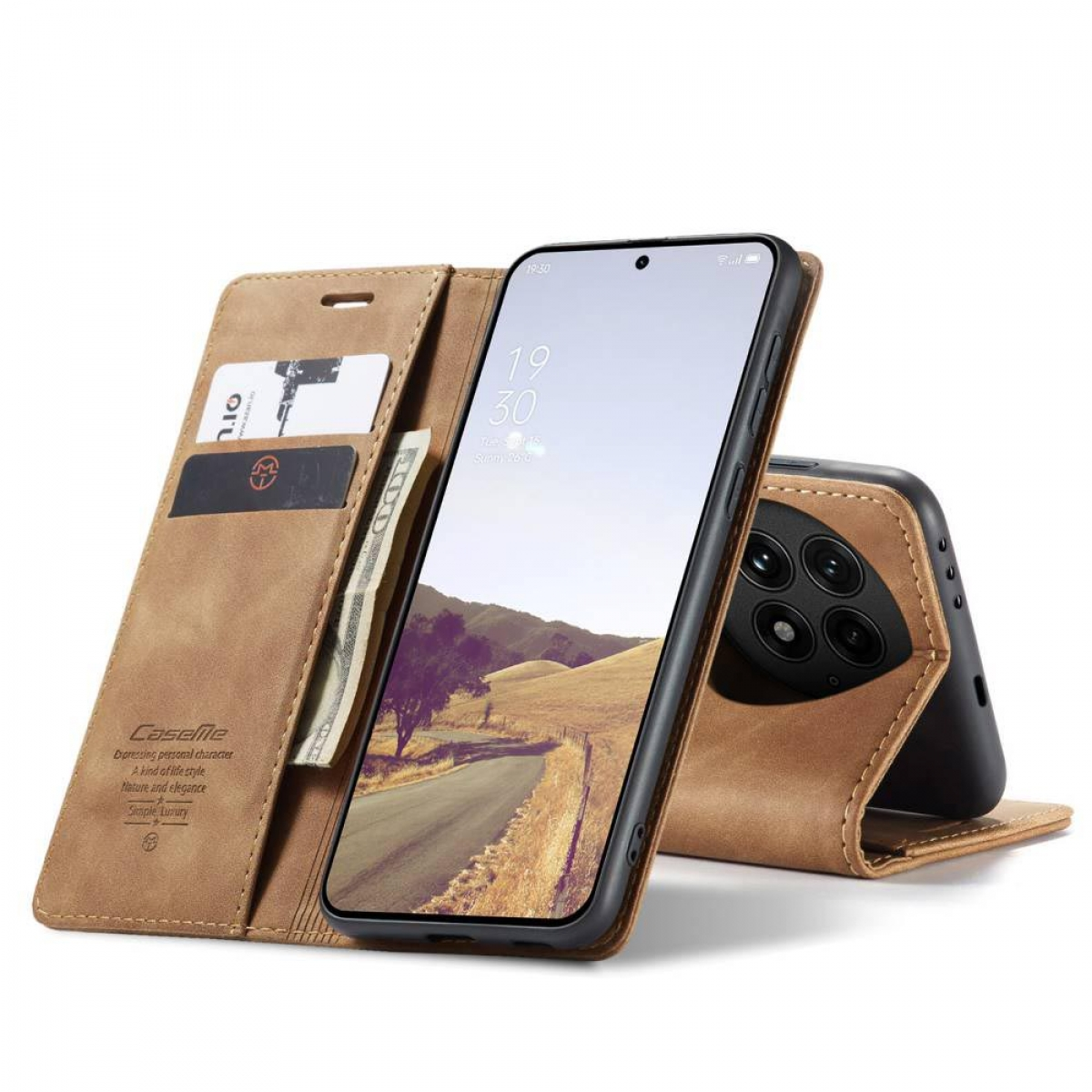 Braune Leder-Handyhülle mit Karten und Geld. Das Telefon zeigt eine Landschaft. Die Hülle ist offen und zeigt das Telefon.