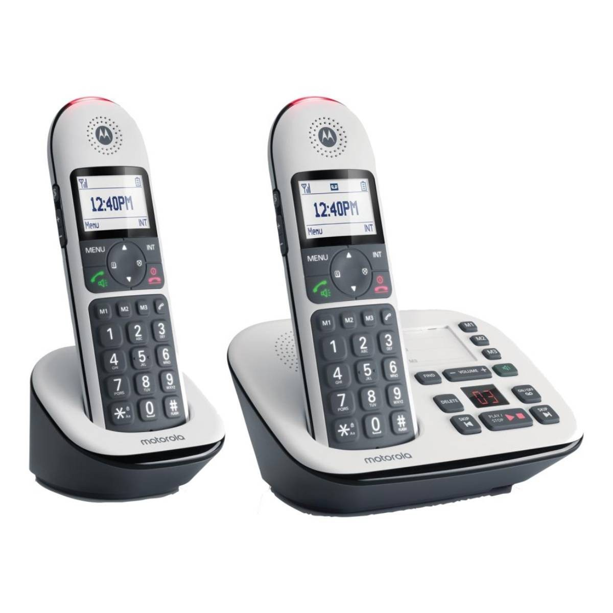 Dos teléfonos Motorola inalámbricos, uno con base. Ambos teléfonos son blancos con base negra y tienen una pantalla que muestra las 12:40 PM.