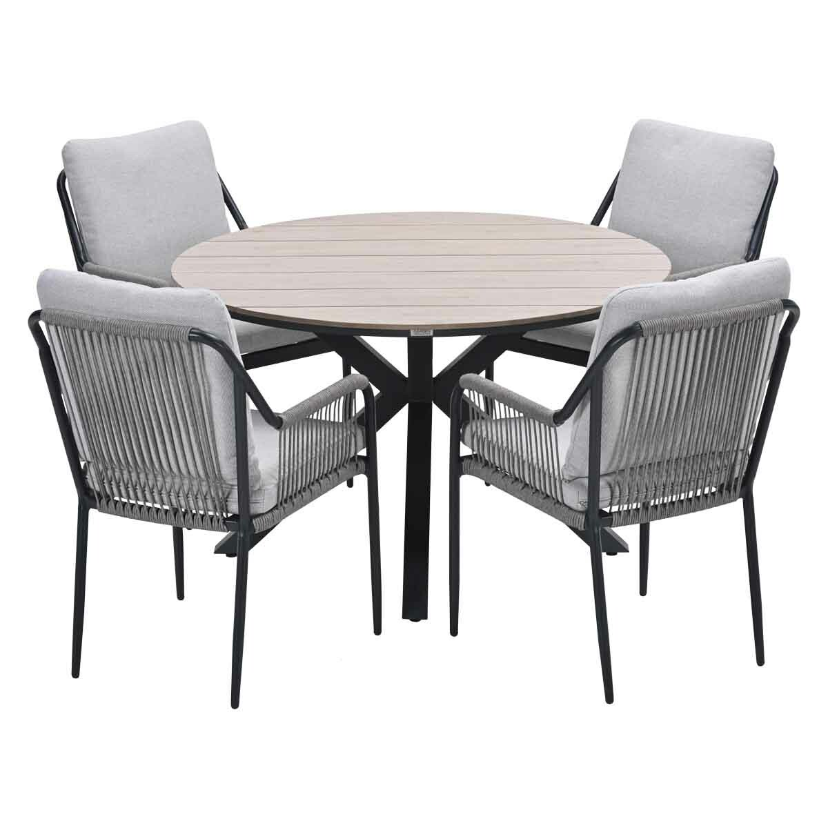 A round outdoor dining set. It has a light wood table and four gray chairs with cushions. Black legs and frame.