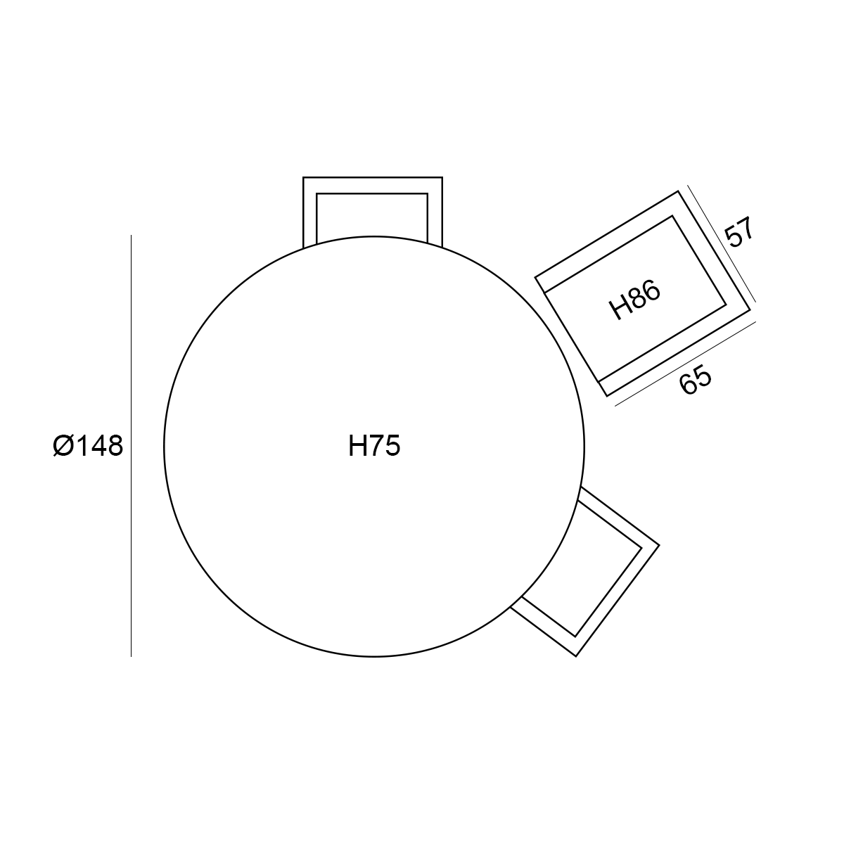 Top view of a round table, two chairs, and a rectangular object. Dimensions are included.