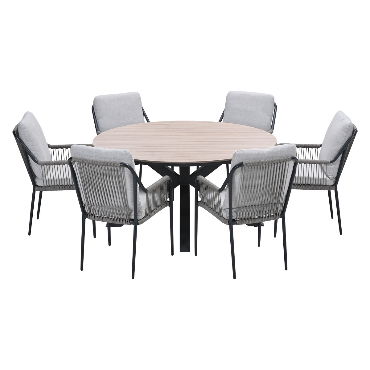 A round wooden table with six chairs. Chairs have gray cushions and black frames. Isolated on a white background.