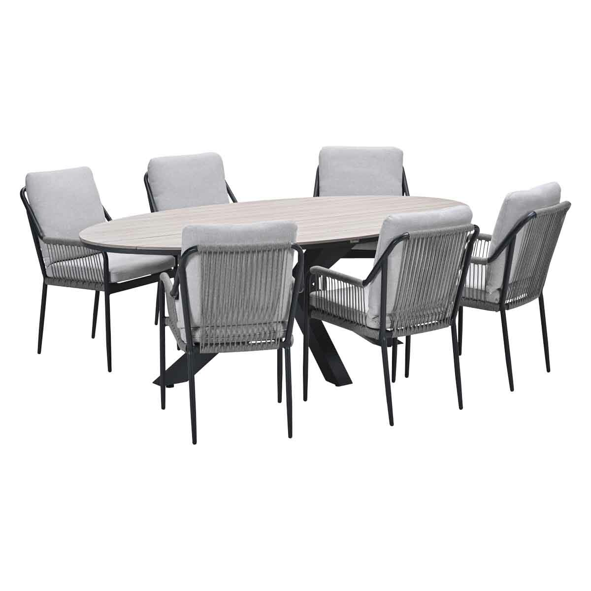 Outdoor dining set: oval wooden table with six chairs. Chairs have rope backs and light grey cushions. Black legs and frames.