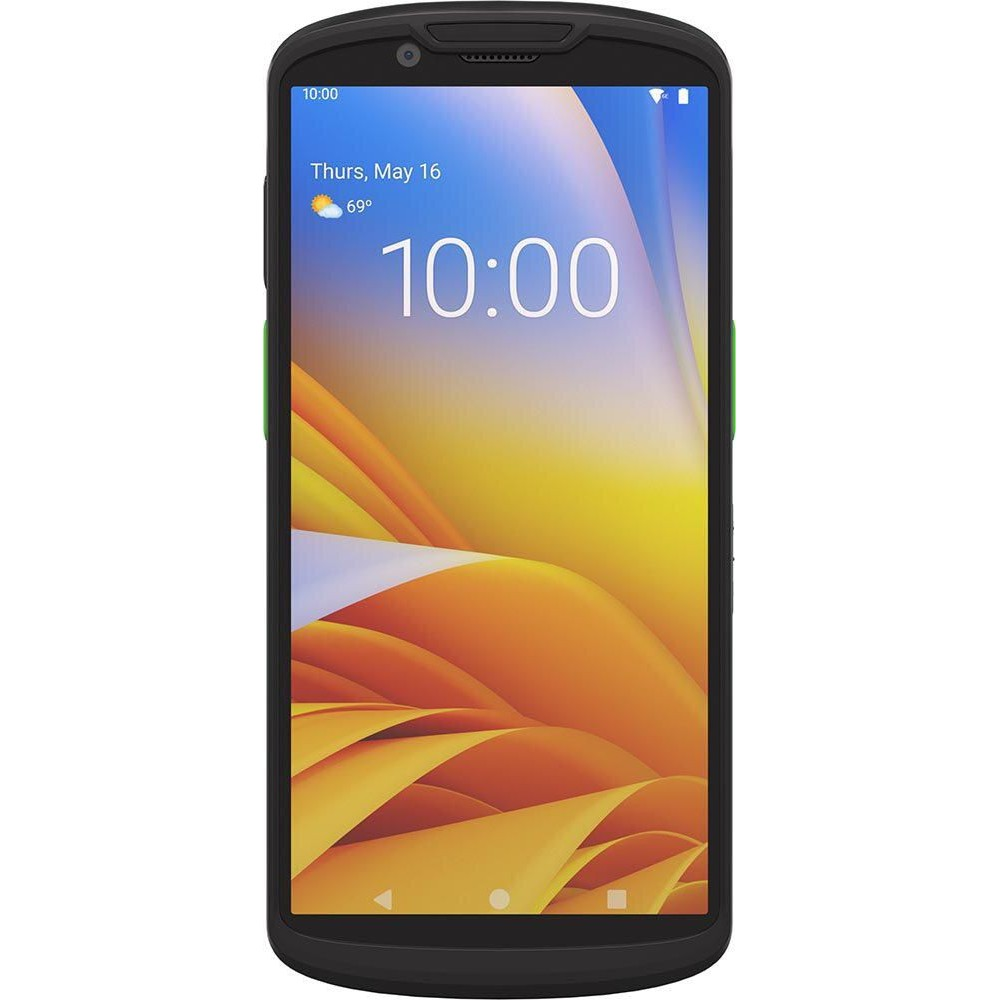 Smartphone nero che mostra l'ora: 10:00, data: gio 16 maggio, temperatura: 69 gradi, con sfondo astratto colorato.