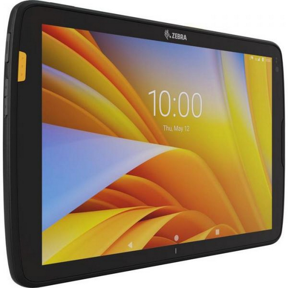Tablet Zebra nero. Lo schermo mostra 10:00 e il 12 maggio. Sfondo astratto arancione e giallo. Pulsante giallo laterale.