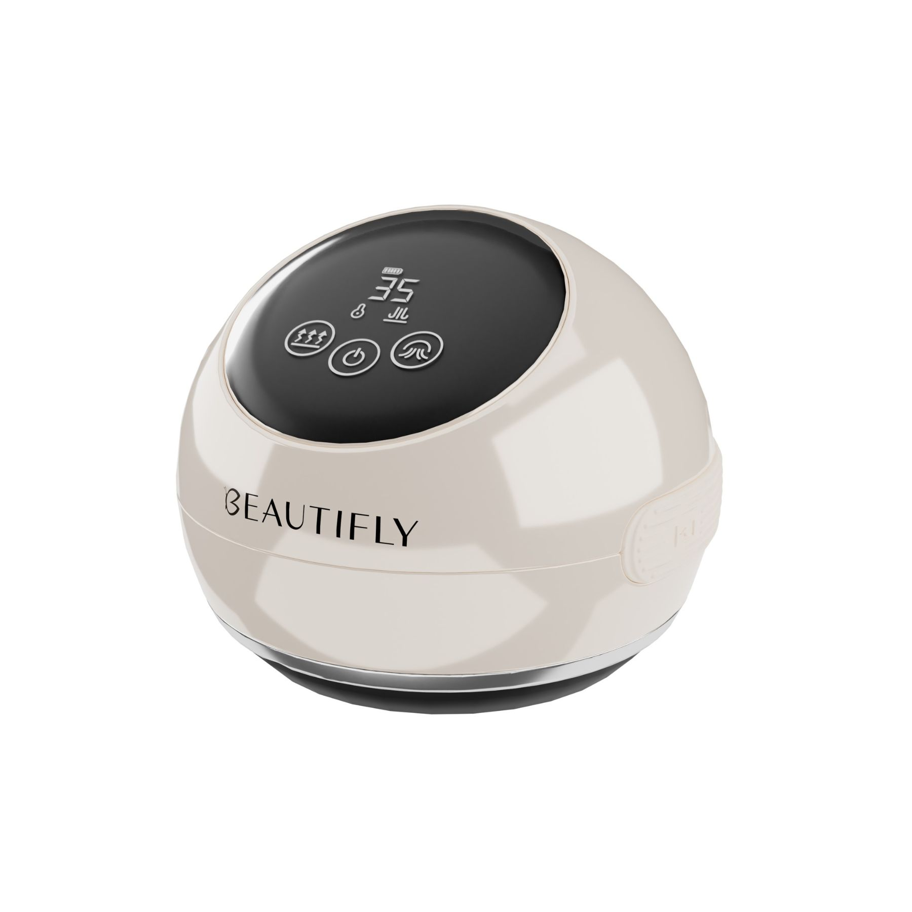 Dispositivo beige con parte superior negra. Tiene una pantalla con números e iconos. La palabra BEAUTIFLY está escrita en él.