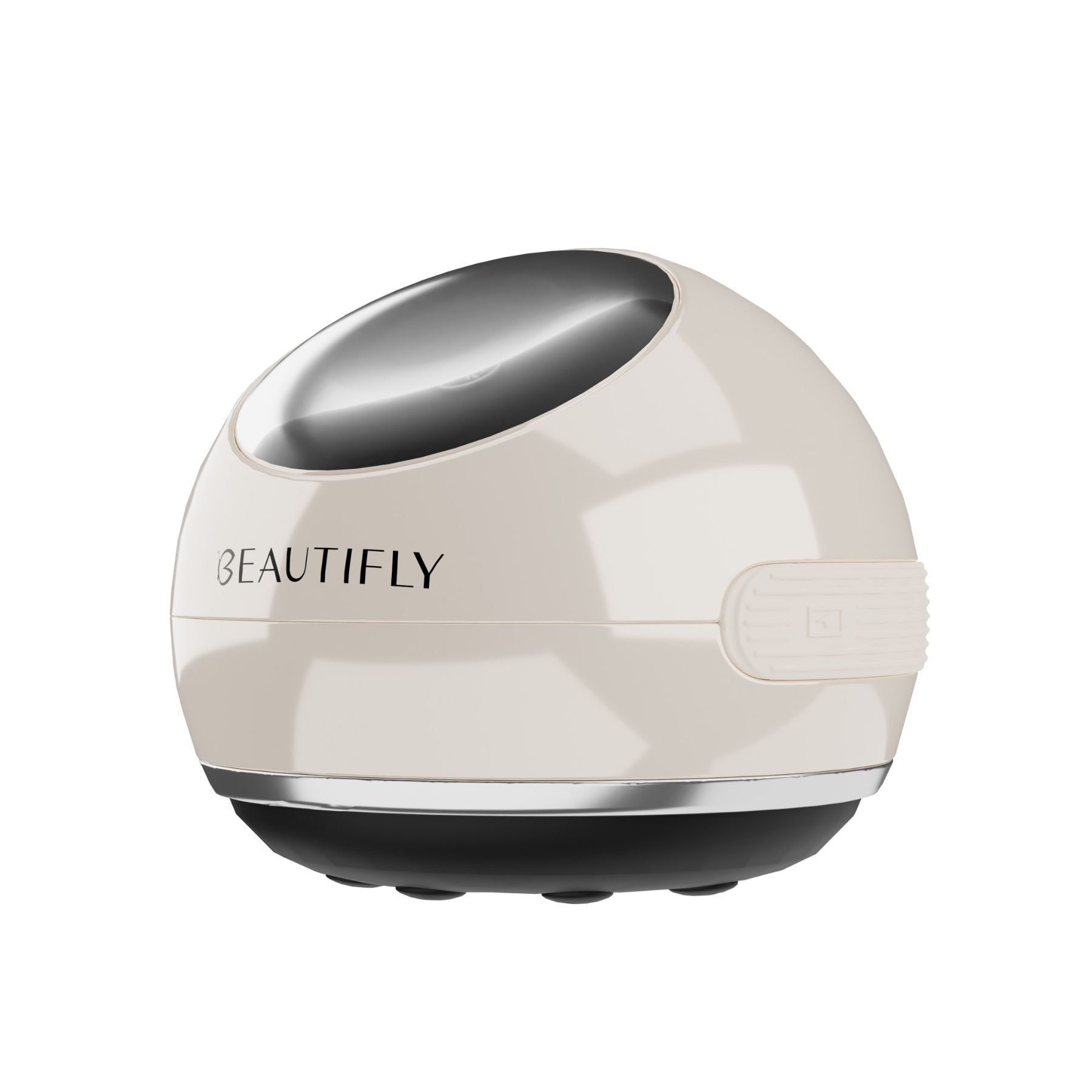 Dispositivo BEAUTIFLY crema con parte superior plateada, base negra y borde plateado. Cuenta con botón y forma curva.